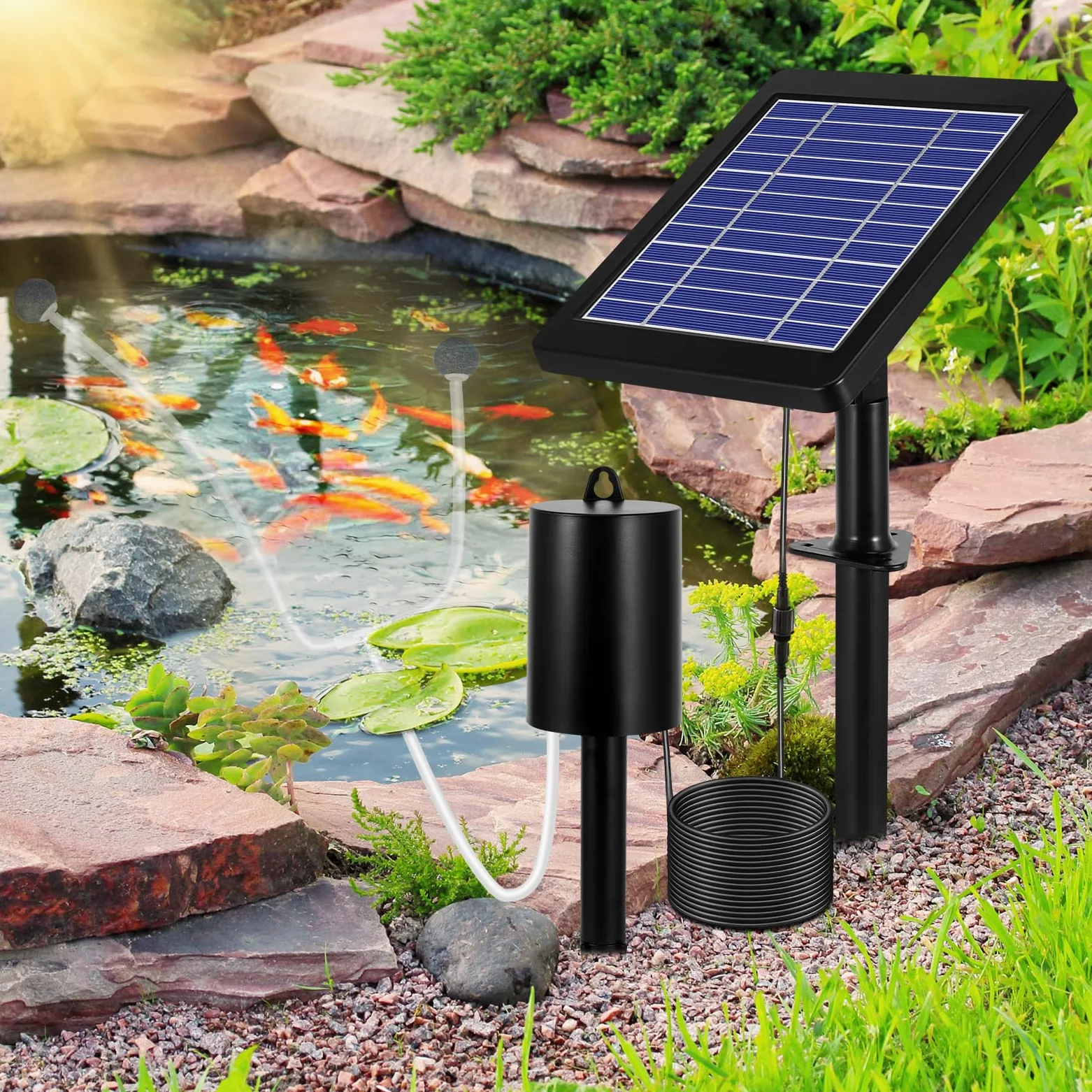 Aérateur de bassin solaire 4W 2200mAh 3 modes et sans bruit avec 2 pierres à bulles d'air | Pompe à air solaire pour étang - Oxygénateur solaire pour étang - Piscine