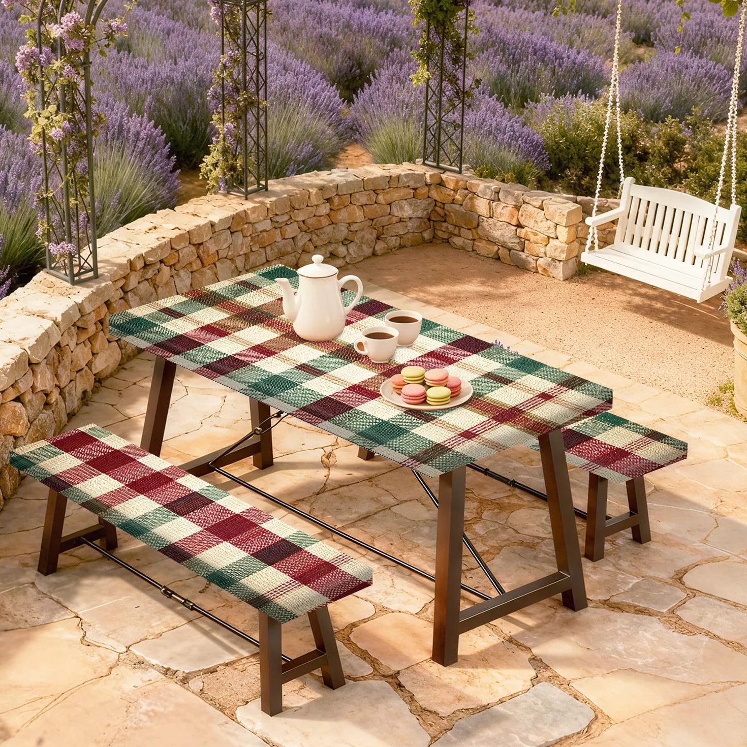 Nappe Table Pique Nique 6FT Carreaux Rouge Vert Lot de 3, Housse Imperméable Extérieur 72"x30" avec Housses Banc
