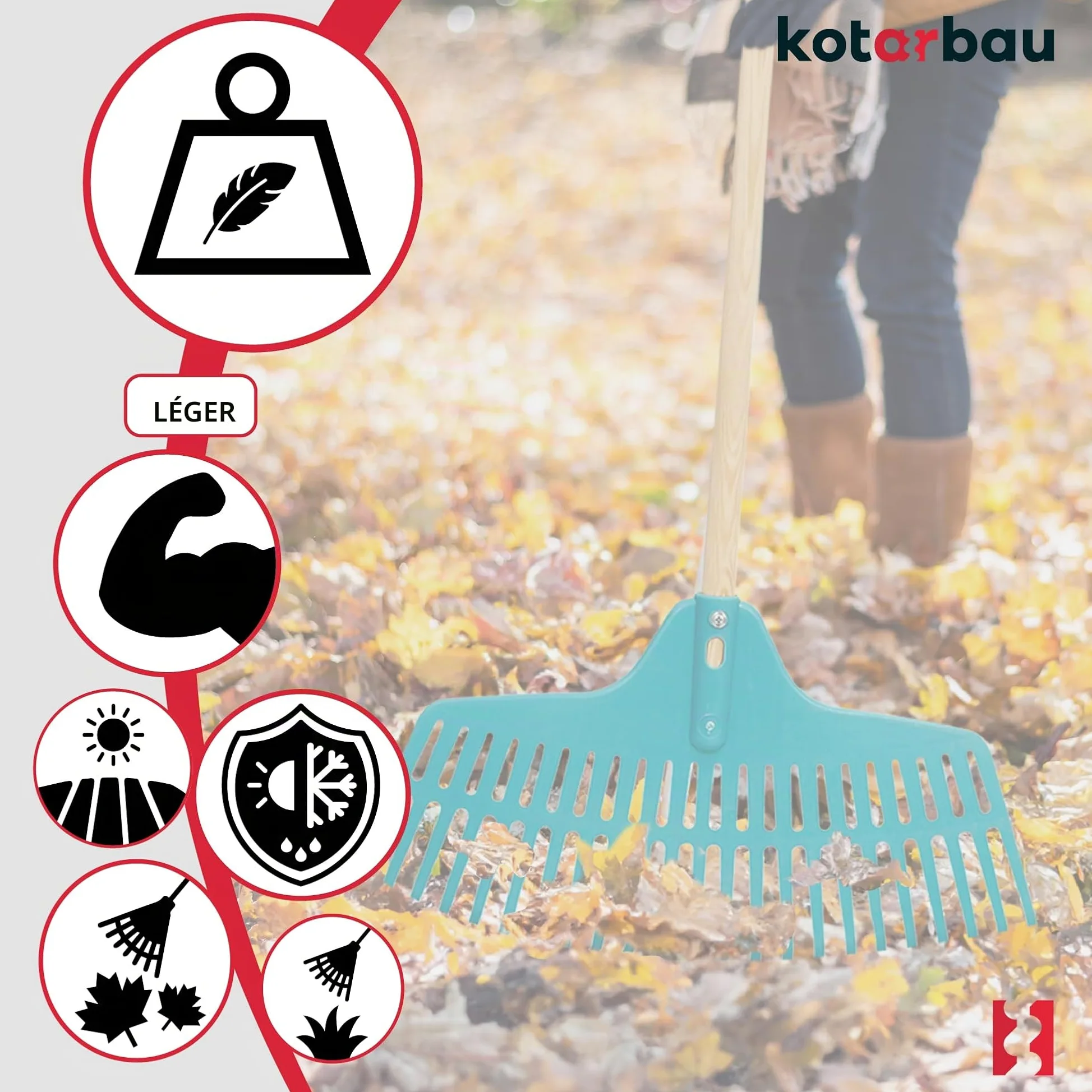 KOTARBAU® Rateau a Feuille - Plastique - 46 cm - avec Manche en Bois - 23 Dents - Rateau Jardin - Ramasse Feuille - Balai Gazon - Turquoise