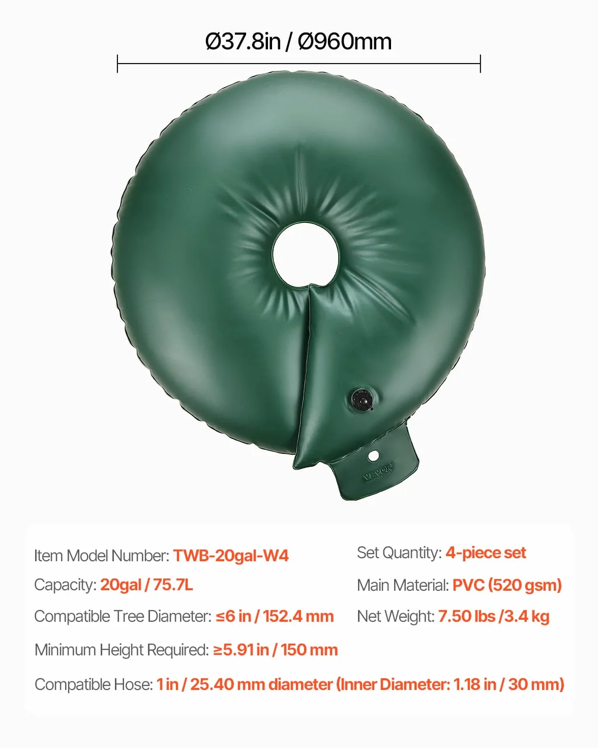 VEVOR Anneau d'arrosage d'arbres, 4 paquets, sac d'arrosage, 75,7 L, bague d'irrigation rechargeable robuste, libération lente de 6 à 9 heures, pour irrigation goutte à goutte des racines des arbustes