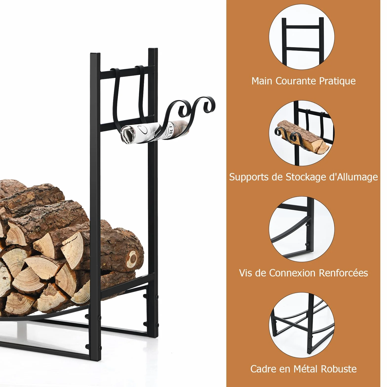 GOPLUS Range Bûches Cheminée Porte Buches Bois Chauffage Intérieur Extérieur Support Amovible 50 kg 84 x 33 x 76 cm
