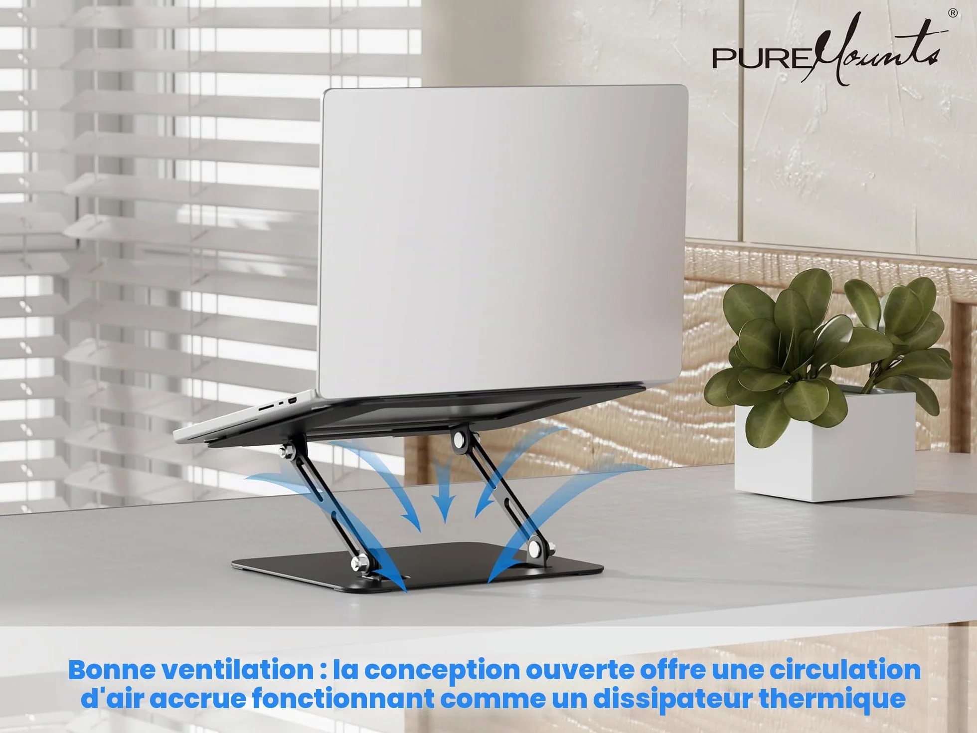 PureMounts Support Ordinateur Portable Réglable Hauteur Pliable Ergonomique Base Pivotante 360° Ventilation Patins Antidérapants Noir