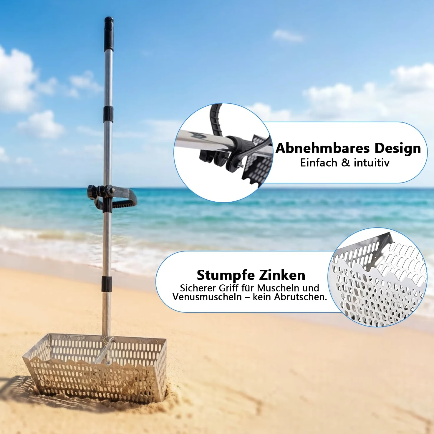 Râteau à sable de plage - Pelle à sable et tamis en acier inoxydable - Extra large - 40 cm de large avec dents de requin et manche amovible de 140 cm de long - Outil de chasse au trésor sur la plage
