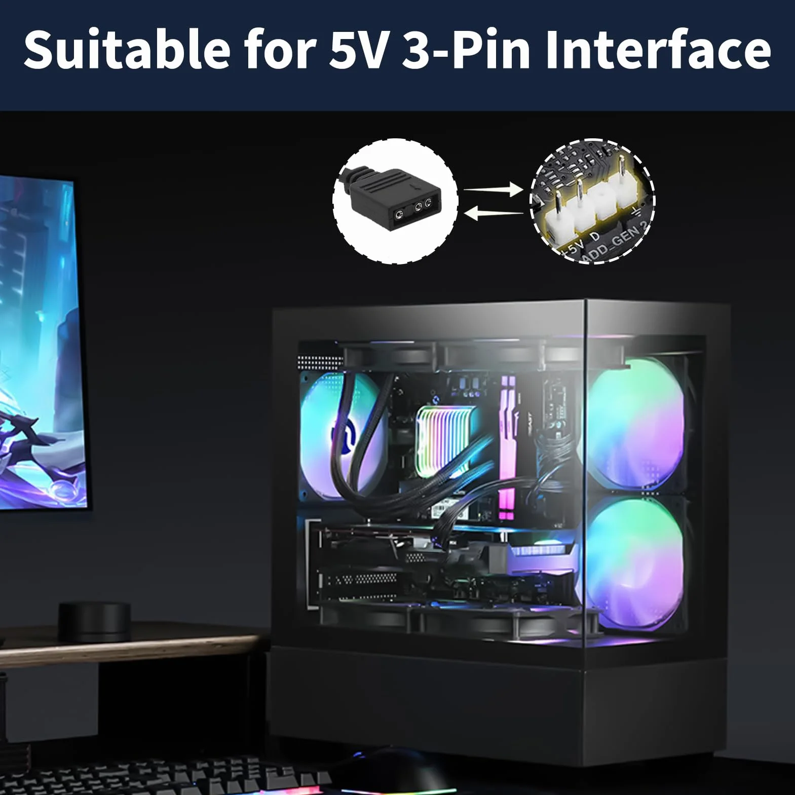Câble Extension ARGB 5V 3 Broches 50 cm, Rallonge RGB 3 Pins, Hub Adaptateur Splitter pour Ventilateurs PC LED Adressables
