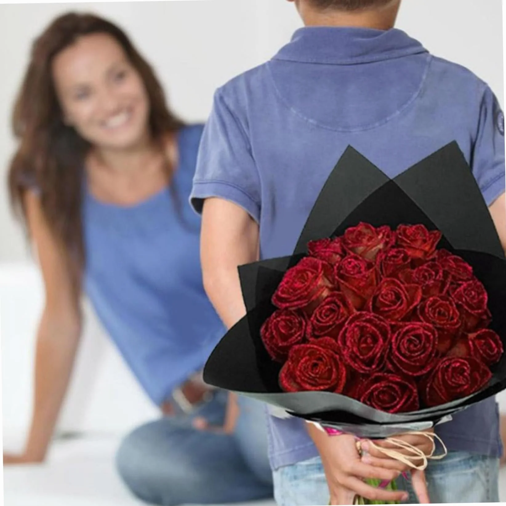 Bouquet de roses scintillantes 9,5 pouces fausses roses bricolage avec tige, rubans d'emballage et papier d'emballage