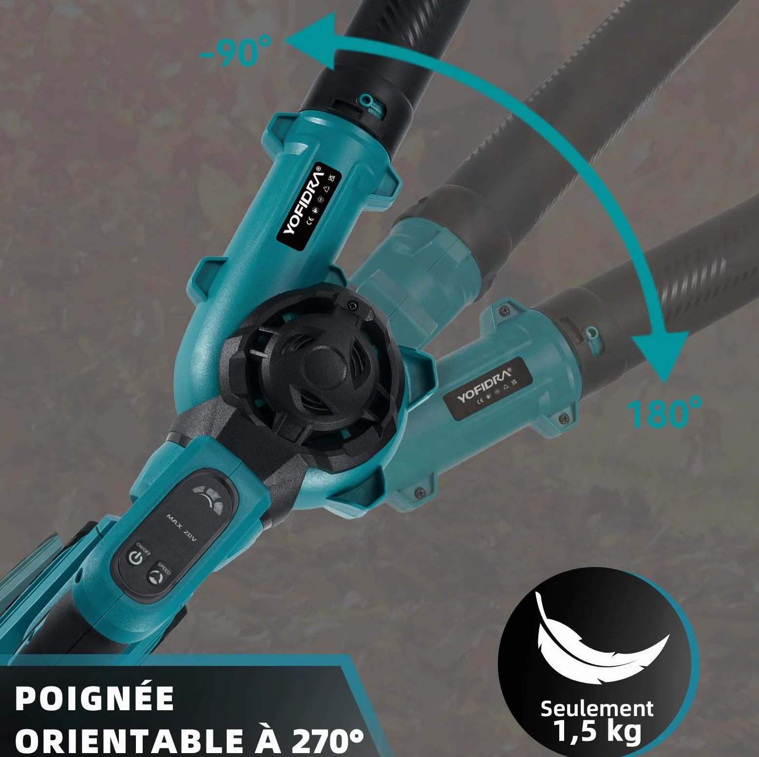 YOFIDRA Souffleur de Feuilles sans Fil avec Batterie 280 km/h, 3 Vitesses | 13 000 TR/Min Souffleur,avec 2 Batteries 3,0 Ah, Poignée Réglable à 270°, Double Entrée d’Air, pour Cour, Pelouse, Jardin
