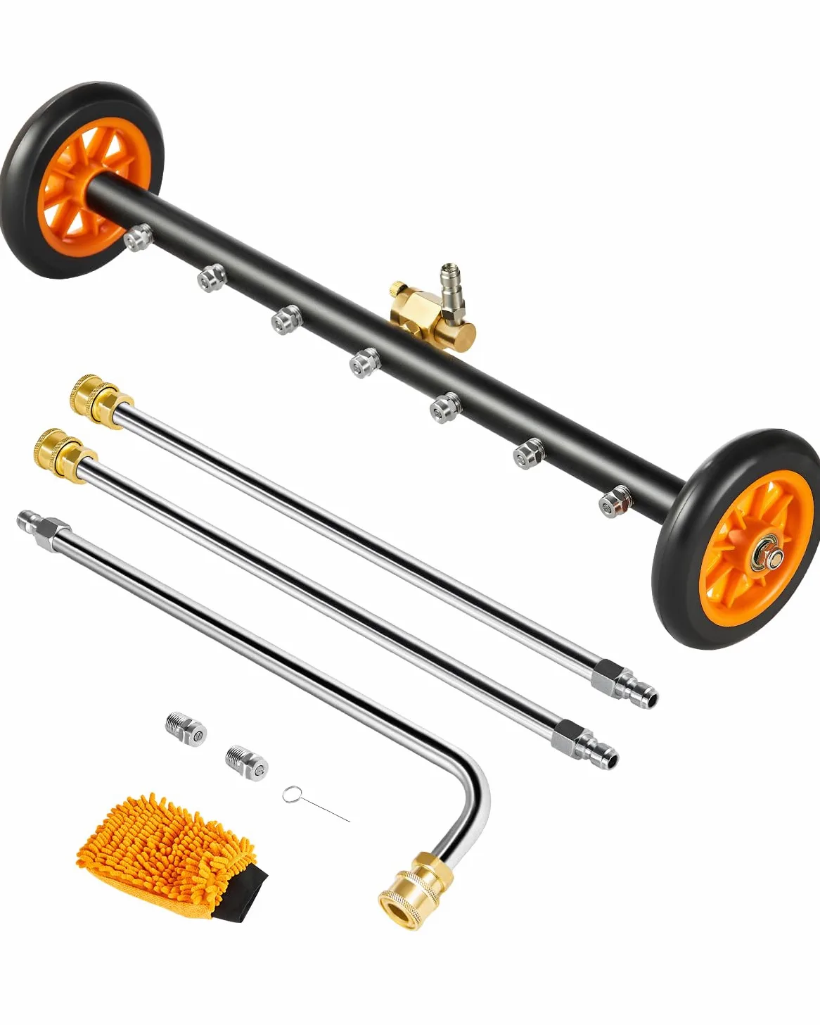 VEVOR Nettoyeur de Surface pour Nettoyeur Haute Pression 590 mm, Accessoire Nettoyeur Sol en Acier INOX sur Roues, 275 Bar Max. mécanisme de réglage d'angle 7 Buses pulvérisation 2 tiges d'extension
