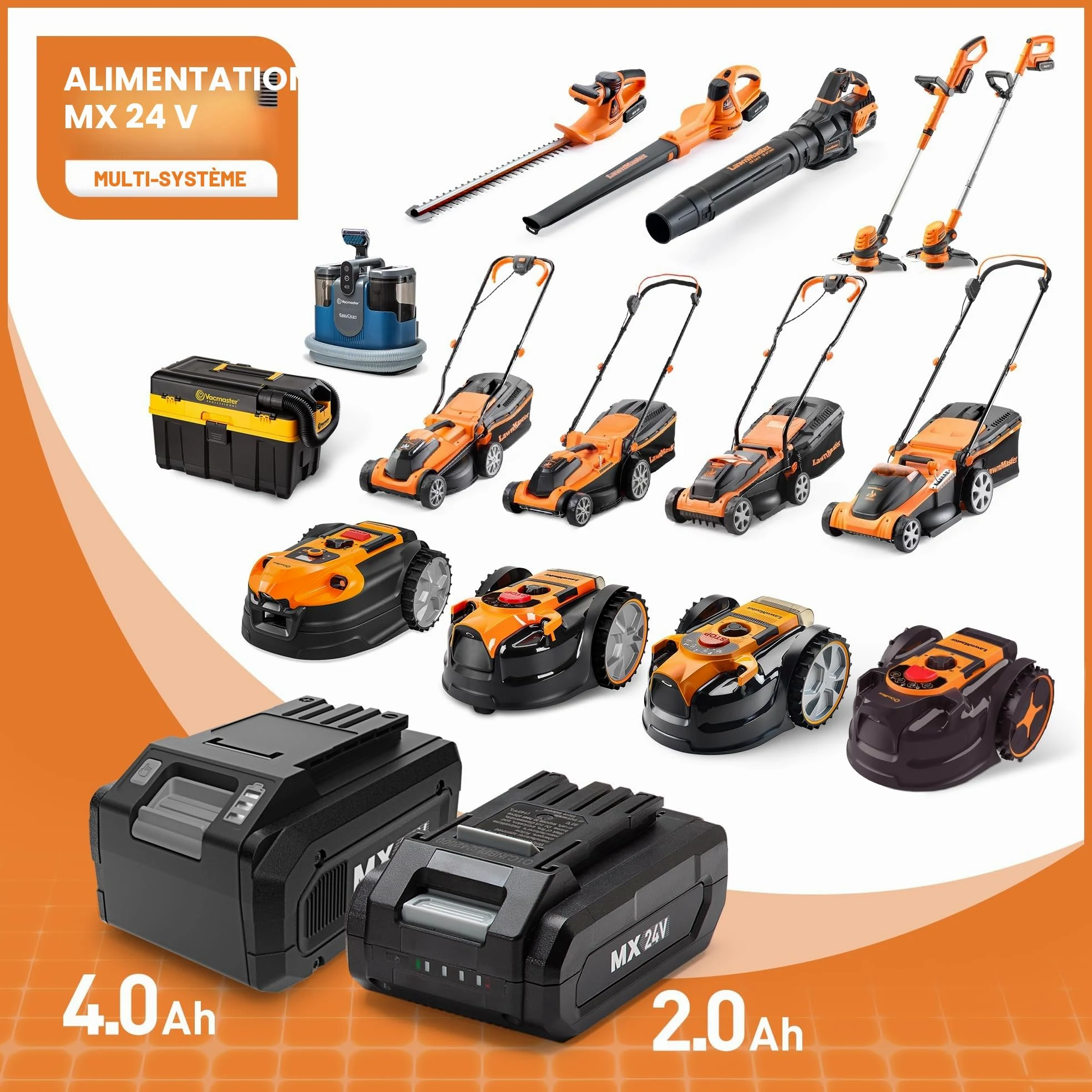 LawnMaster Souffleur Feuilles sans Fil 24V MX avec Mode Turbo | batterie 4Ah avec chargeur, flux d'air puissant, régulateur vitesse Cruise Control et tube amovible, garantie 2 ans