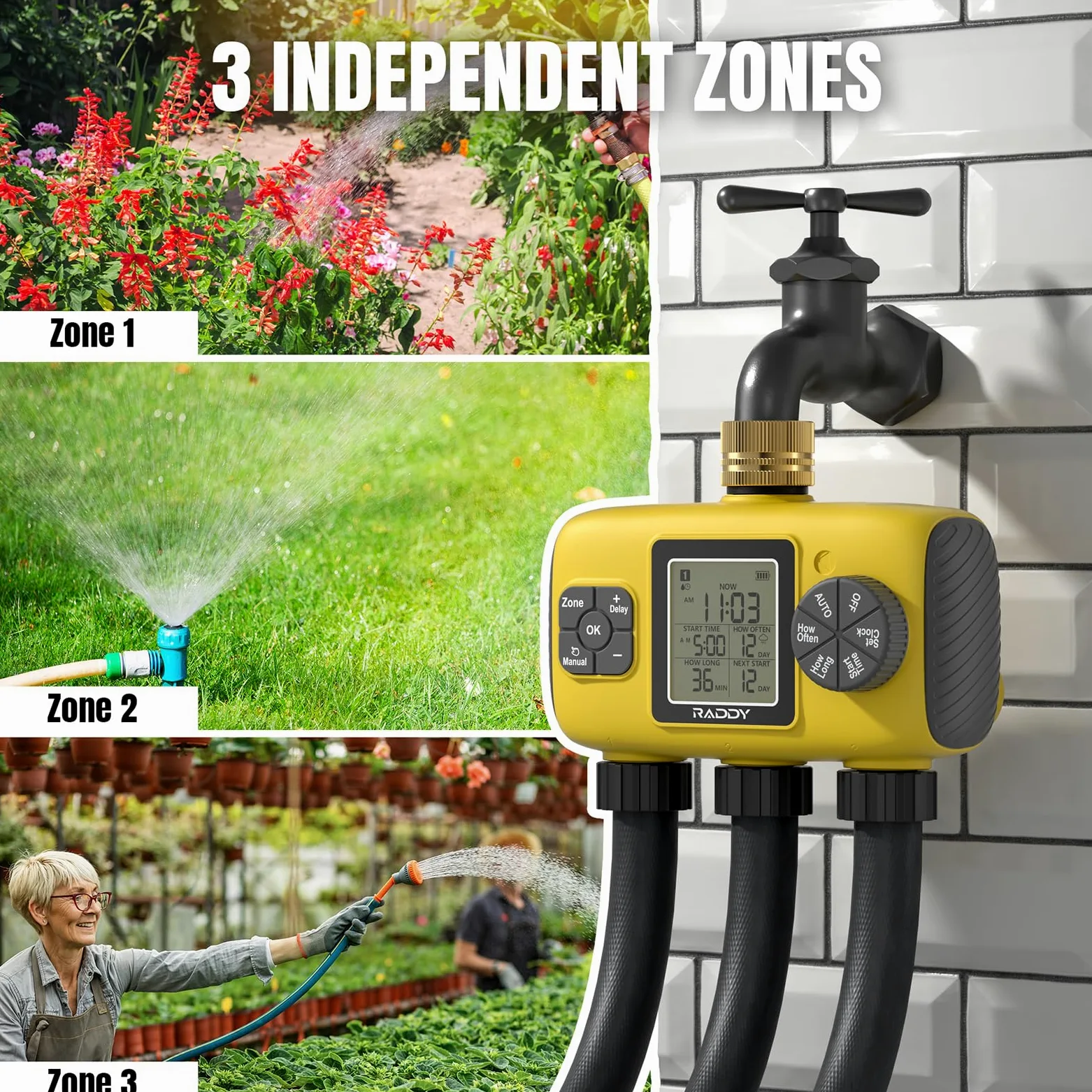 Raddy WS-8 Minuterie d'arrosage 3 Zones, Programmateur d'irrigation Automatique Intelligente, Arrosage Manuel, retardateur de Pluie, Grand écran LCD, IPX5 pour Jardins Cours