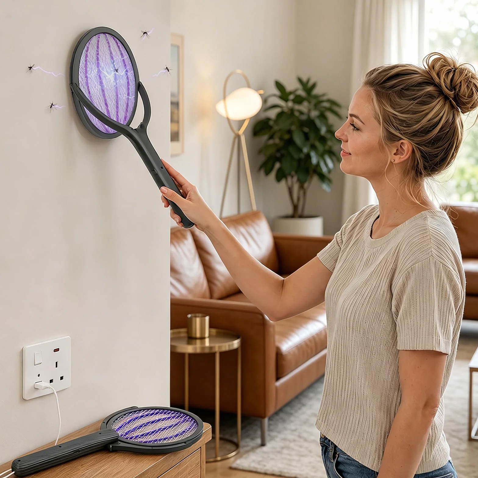 Tapette à mouches électrique 2800 V 4 en 1 avec lumière UV, poignée rotative 360° et télescopique