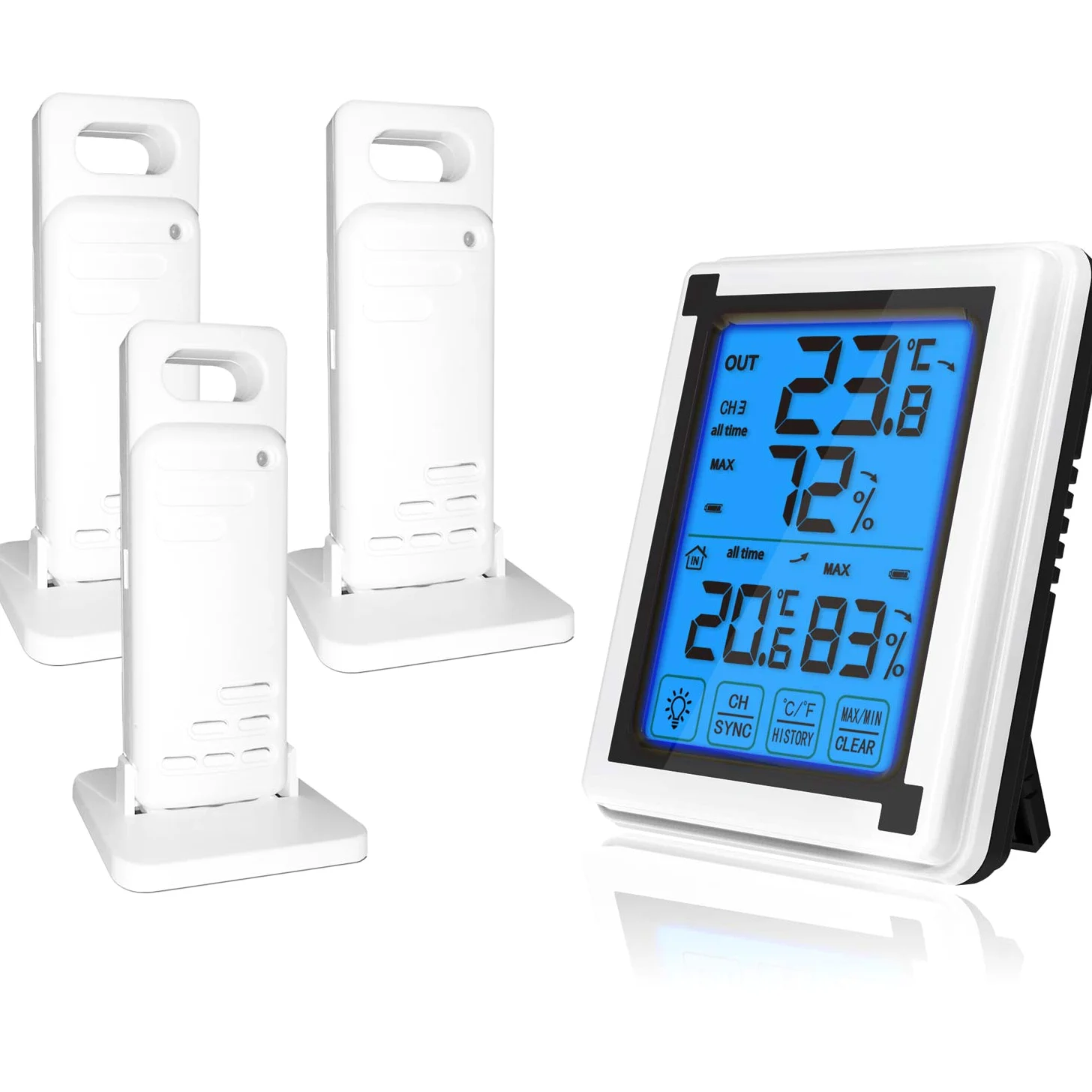 ThreeH Thermomètre extérieur Intérieur Hygromètre Numérique avec 3 Capteurs sans fil Jauge d'humidité Moniteur Température Précis avec Rétroéclairage LCD à écran tactile (3 capteurs)