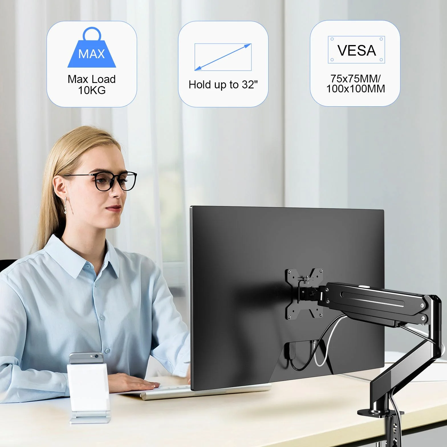 Bras pour Moniteur Suptek avec Ressort à Gaz, 17-32 Pouces, Pivotement, Rotation, VESA 75/100 mm, jusqu'à 10 kg