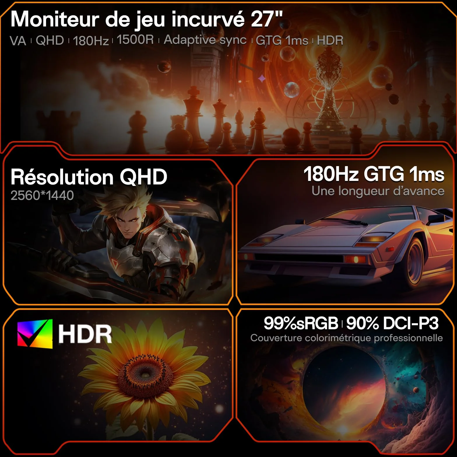 KOORUI 27 Pouces Écran Gaming Incurvé QHD 2560x1440 180 Hz Adaptive-Sync VESA 100x100mm HDMI 2.0 DisplayPort 1.4