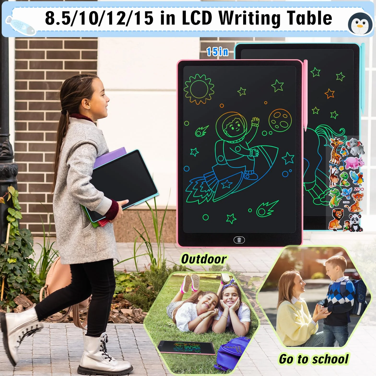 Tablette D'écriture LCD 16 Pouces Dessin Ecran Coloré Effaçable Autocollants Animaux Garçons Filles 3-6 Ans Bleu Rose