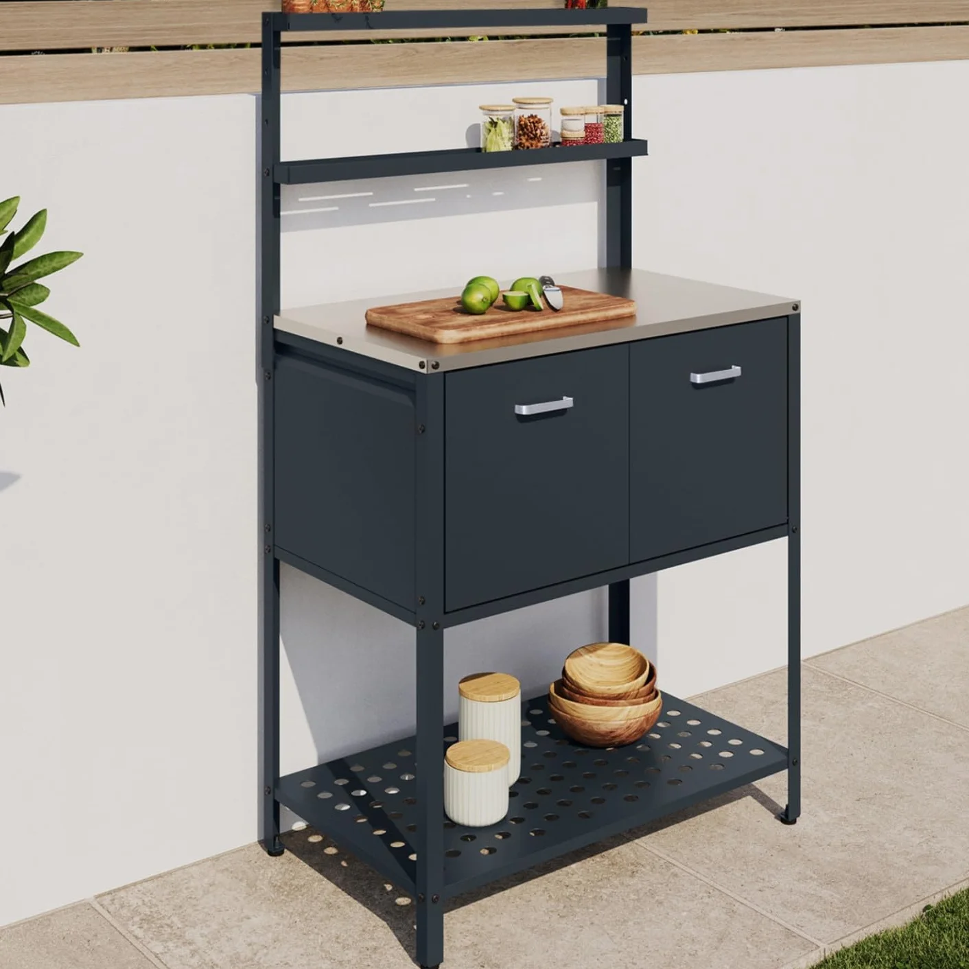 Meuble de Cuisine extérieure Pareo 2 Portes 2 étagères Acier Gris Anthracite