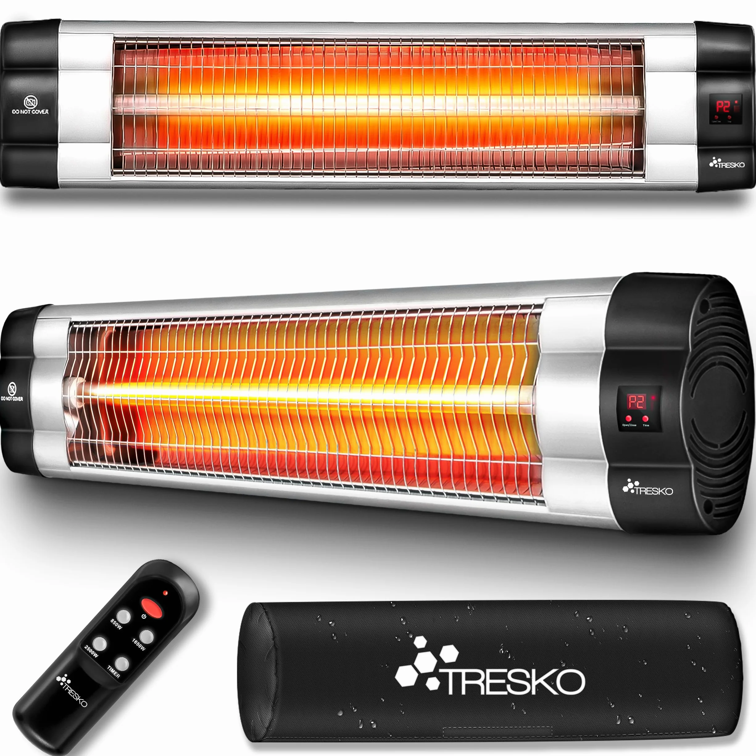 TRESKO Radiateur infrarouge extérieur 2500W Chauffage radiant terrasse murale télécommande 3 niveaux Argent