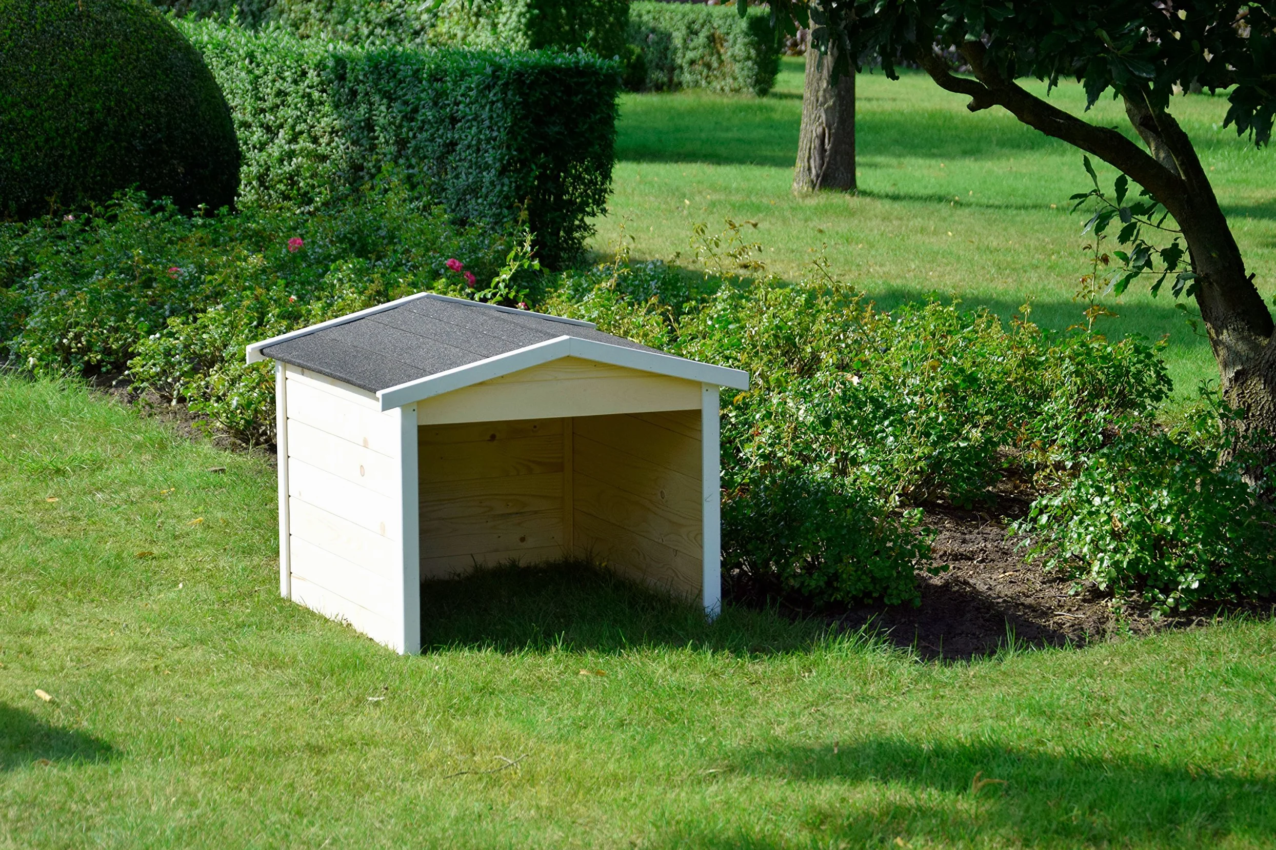 dobar® Garage pour Robot Tondeuse, en Bois, en kit, avec Toit bitumé, 76 x 68 x 52 cm, Naturel/Blanc