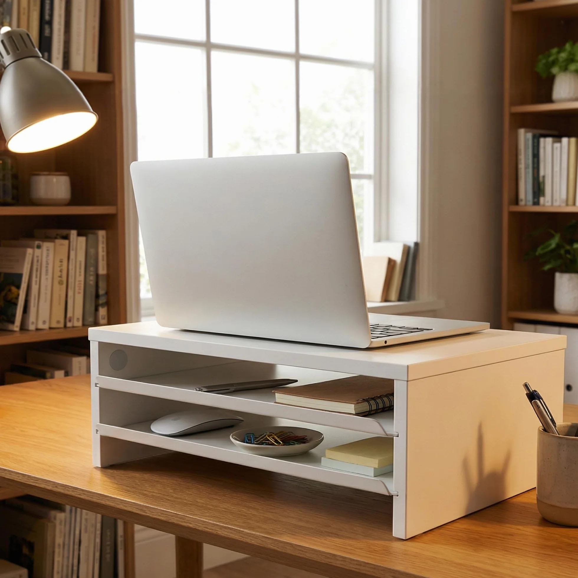Fenge Support Moniteur Réhausseur d'Écran en Bois et Métal avec Plateau, 36,4x23,5x13,4 cm Blanc