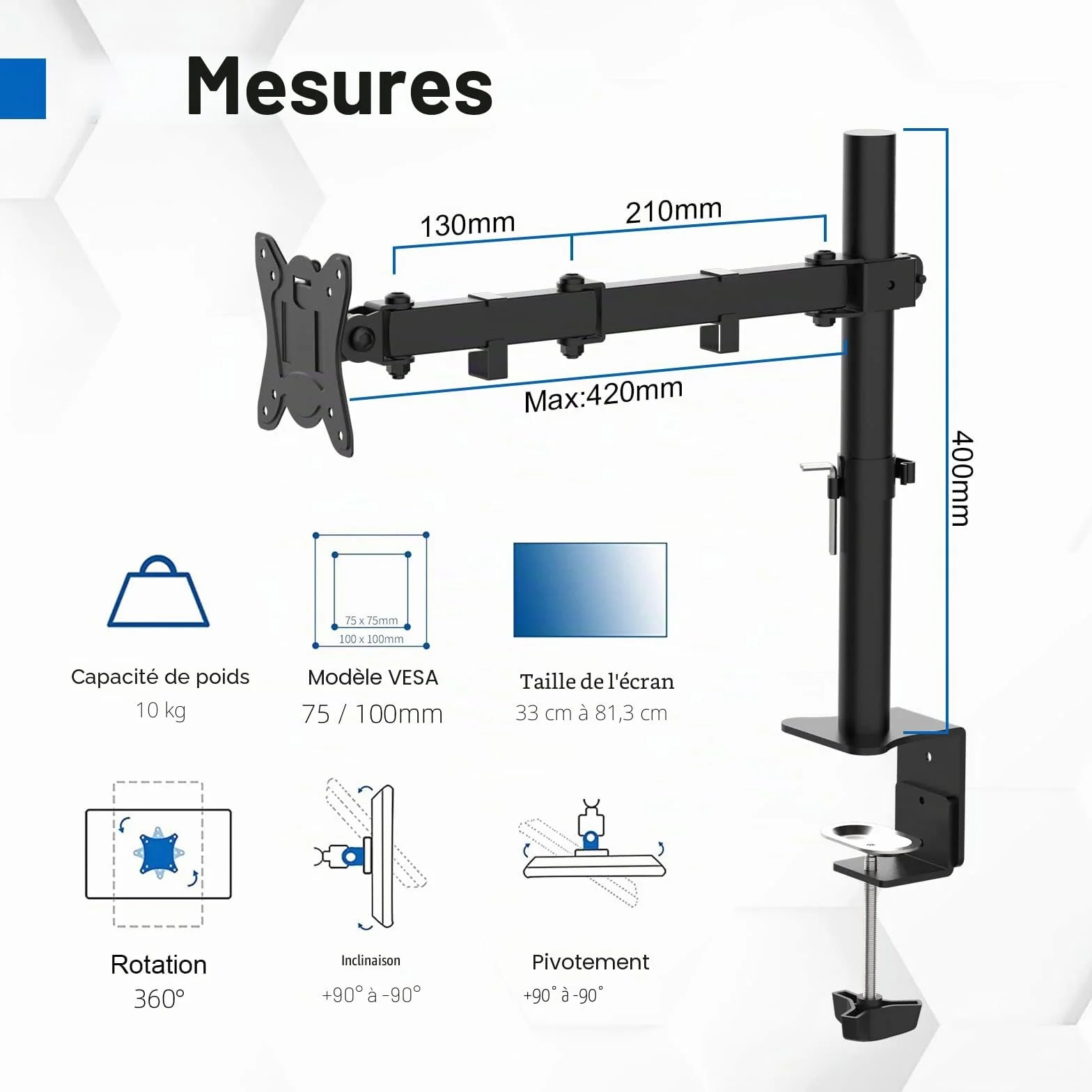 Bras Ecran PC VESA 75x75-100x100 mm GRIFEMA GB2001-1 Rotation 360° Inclinaison ±90° Réglable Hauteur 10 kg Noir