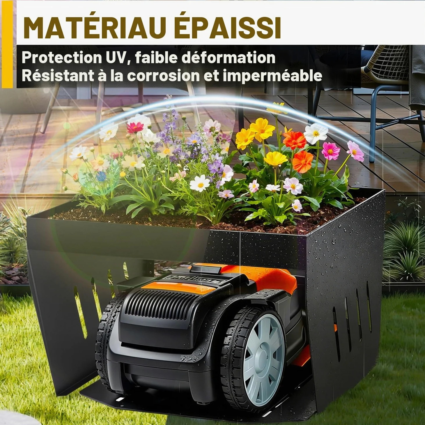 Garage pour robot tondeuse avec bac à plantes, toit en acier revêtu par pulvérisation pour robot à gazon, avec 4 ancrages au sol pour un maintien résistant aux tempêtes, protection contre la