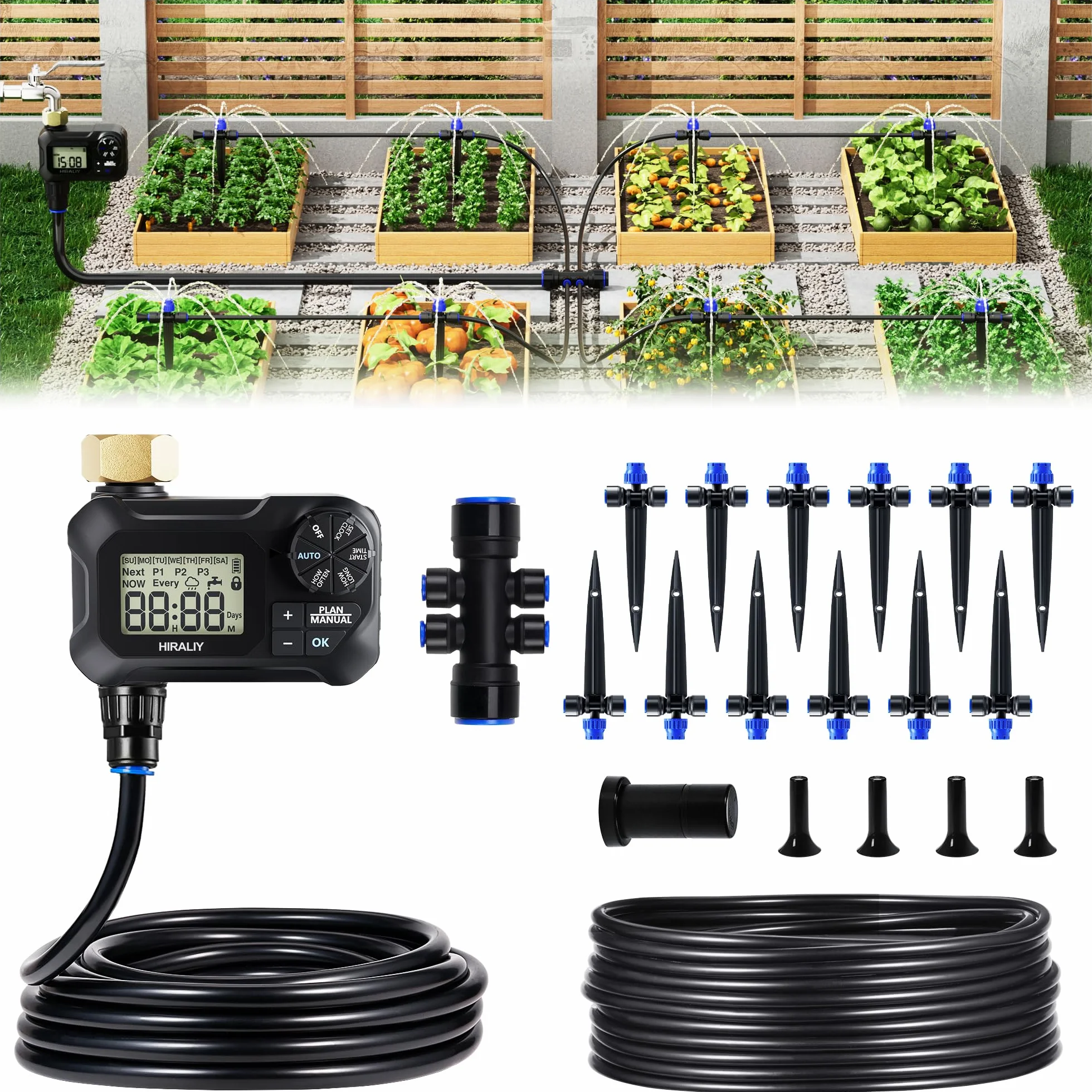 HIRALIY Kits d'irrigation goutte à goutte automatique de 15,2 m avec minuterie de jardin, système d'arrosage de jardin pour terrasse, pelouse, kit de système d'irrigation rapide avec minuterie d'eau