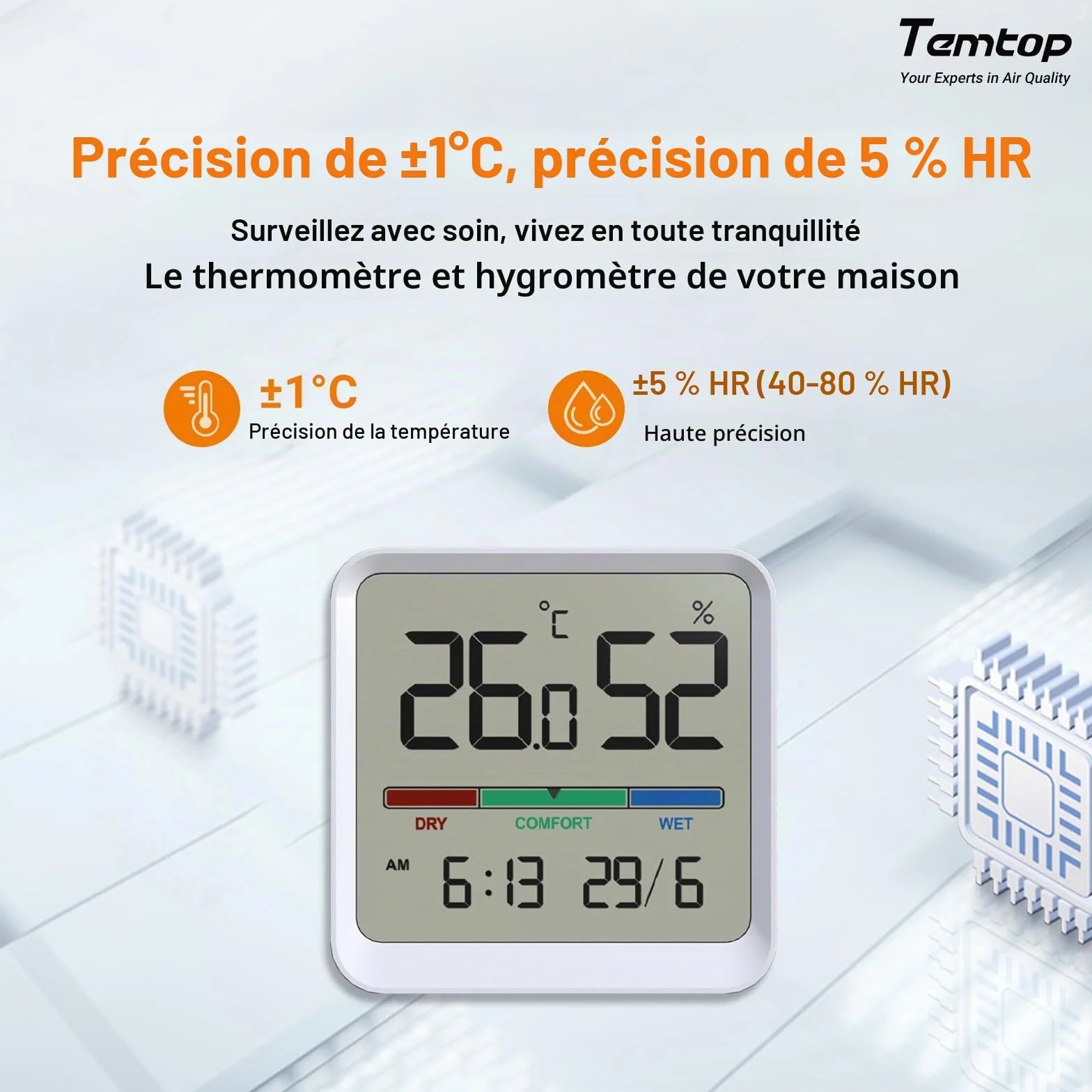 Temtop Thermomètre Hygromètre d'Intérieur Numérique T1-SE - Moniteur Température Humidité avec Affichage Heure Date Haute Précision