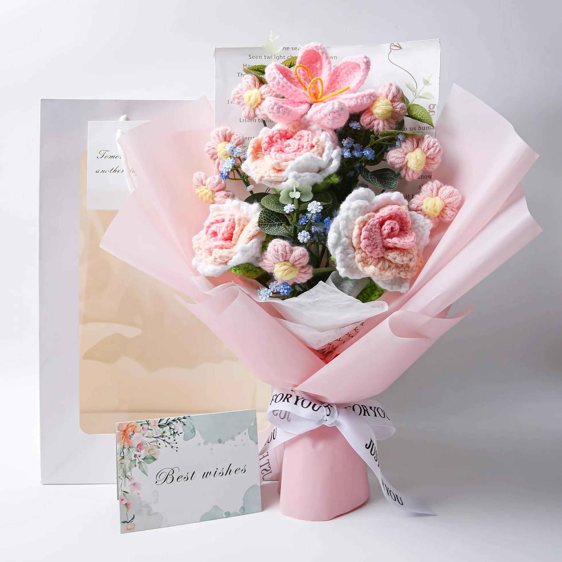 EZsenses Bouquet de fleurs au crochet – Roses tricotées à la main pour décoration d'intérieur, avec sac cadeau et carte de vœux