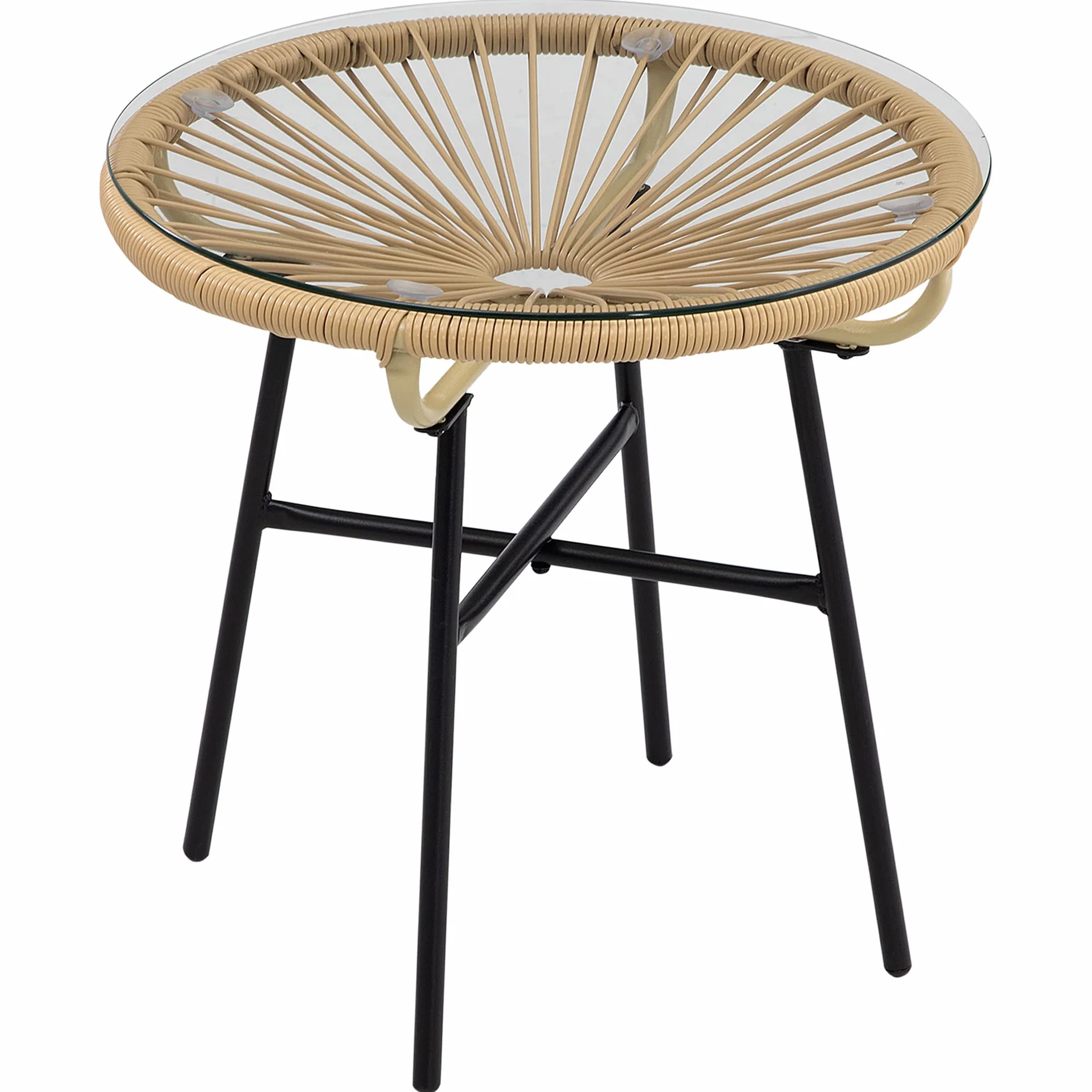 Outsunny Table Basse Ronde Jardin Résine Rotin Métal Plateau Verre Trempé Ø 50 x 50 cm Beige