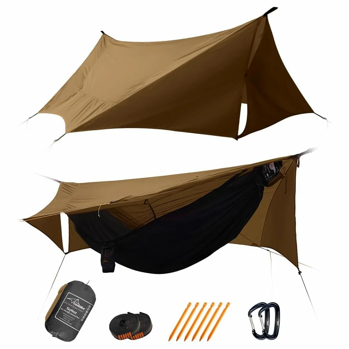 Skynest Ultra-léger Hamac avec Filet et Bâche Anti-Pluie 335 x 140 cm, Tente Hamac de Camping 4 en 1, Hamac Portable avec Corde Faîtage, Facile à Installer pour Le Camping, Randonnée