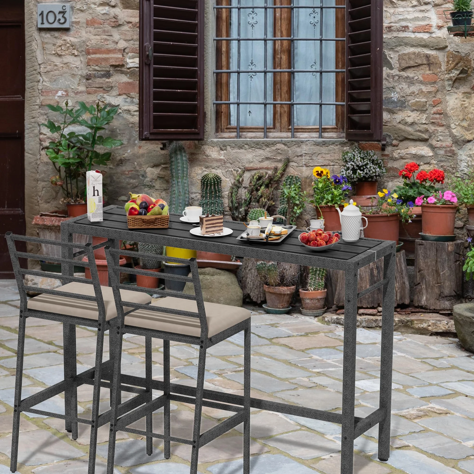 Ensemble de bar d'extérieur M Bel-Set avec table 139,7 cm et 2 tabourets, barre en métal