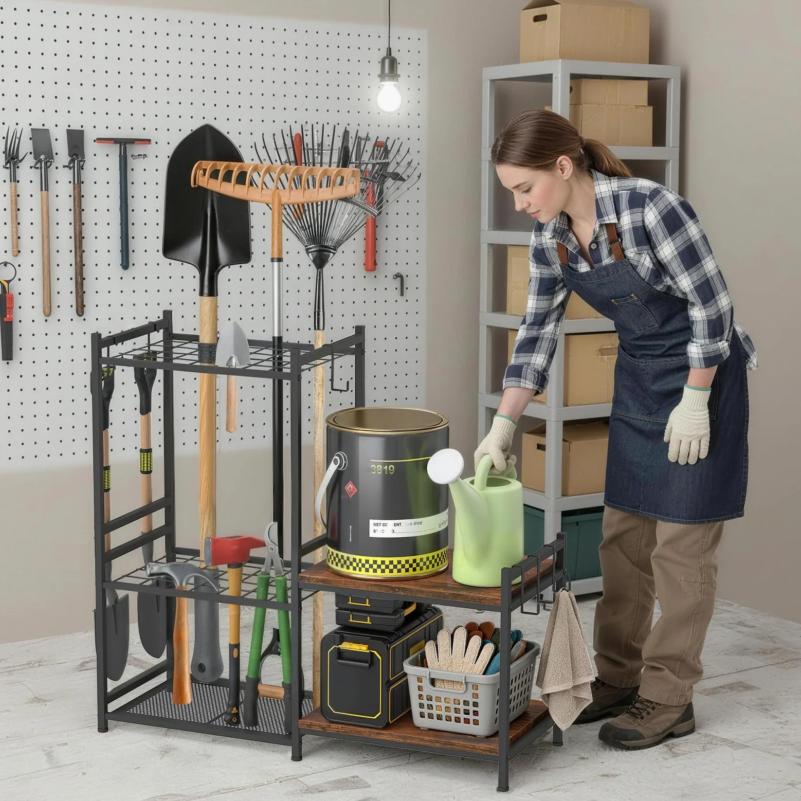uyoyous Range outils de Jardin étagère à outils à 3 niveaux avec 6 crochets | organiseur d'outils de jardin pour stockage extérieur rangement grande capacité supprort de garage