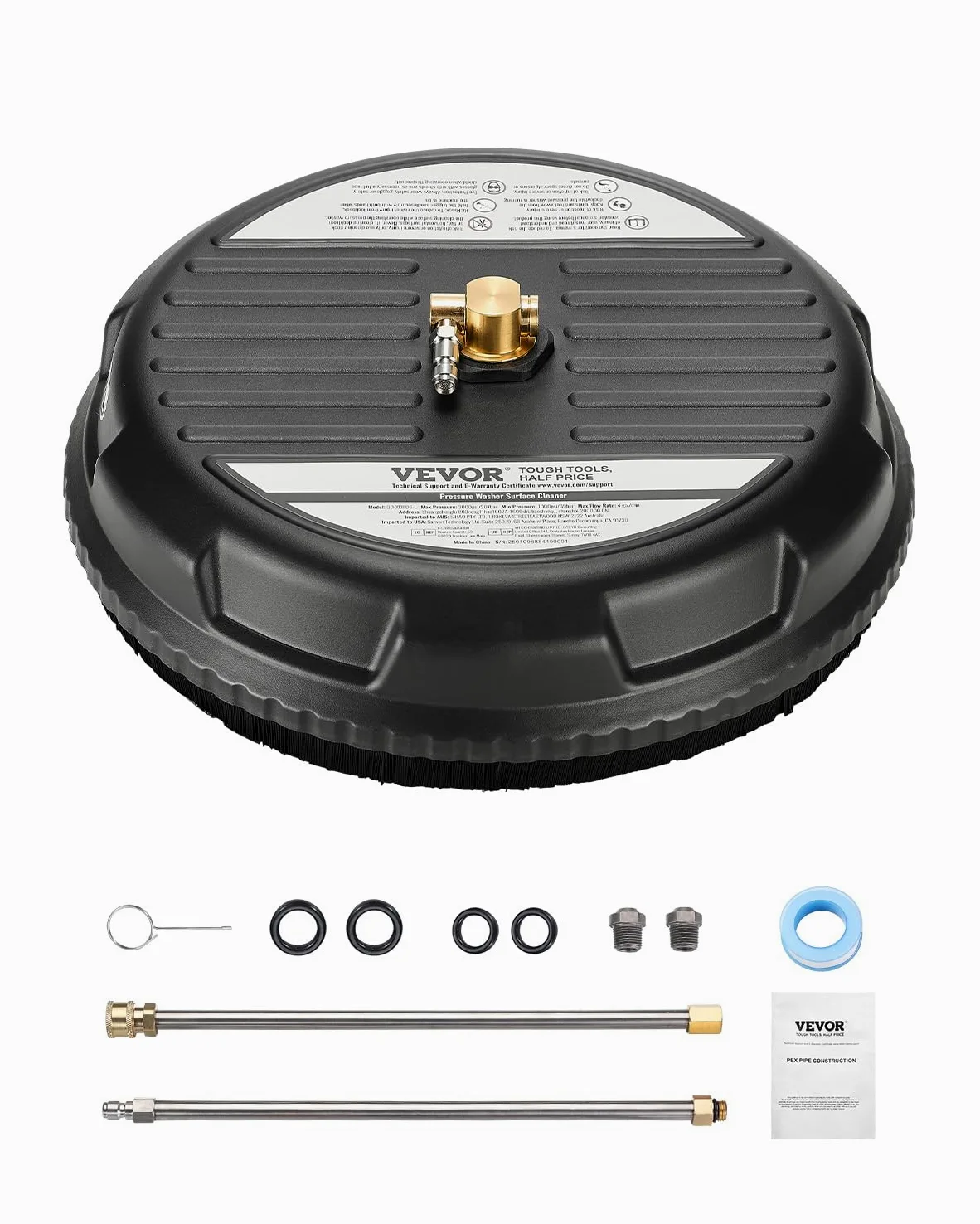 VEVOR Nettoyeur de surface pour nettoyeur haute pression 385 mm, accessoire nettoyeur sol en plastique sur roues, 206 bar max. connecteur 0,635 cm 2 buses de pulvérisation 2 tiges extension pour béton