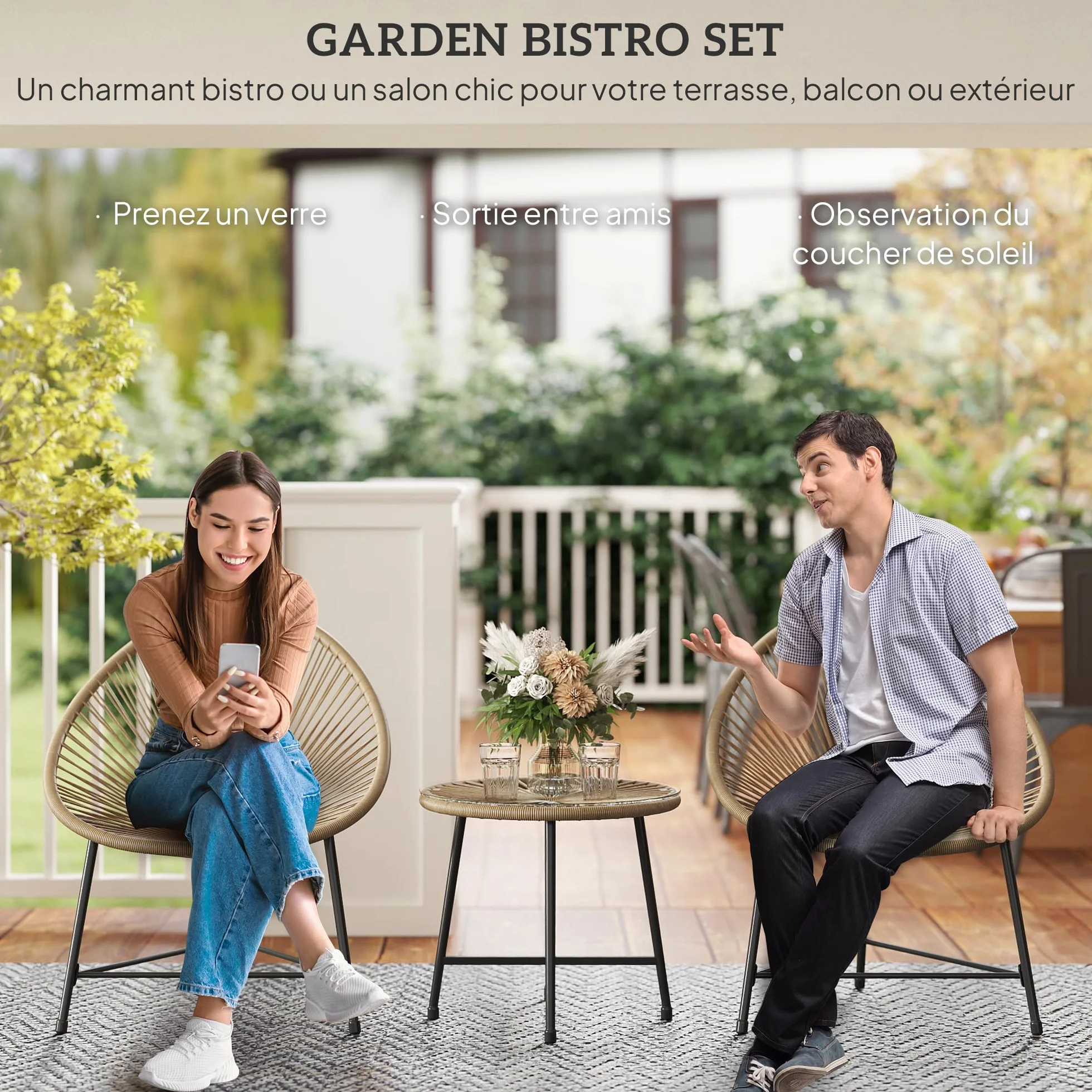 Outsunny Salon de Jardin extérieur en résine tressée 2 Personnes, Table avec 2 chaises, Plateau en Verre trempé, Naturel