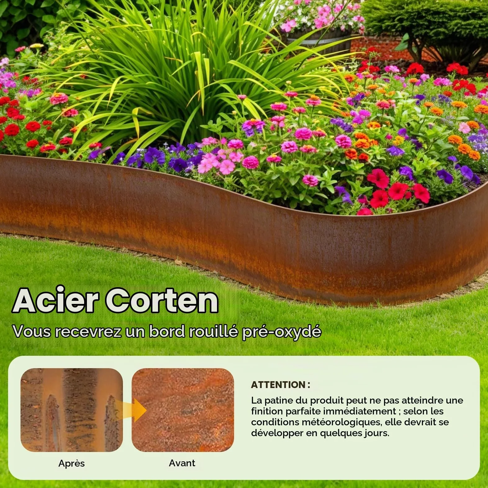 Bordure de pelouse en Acier Corten - 10 m de Long - en métal, 15 cm de Haut