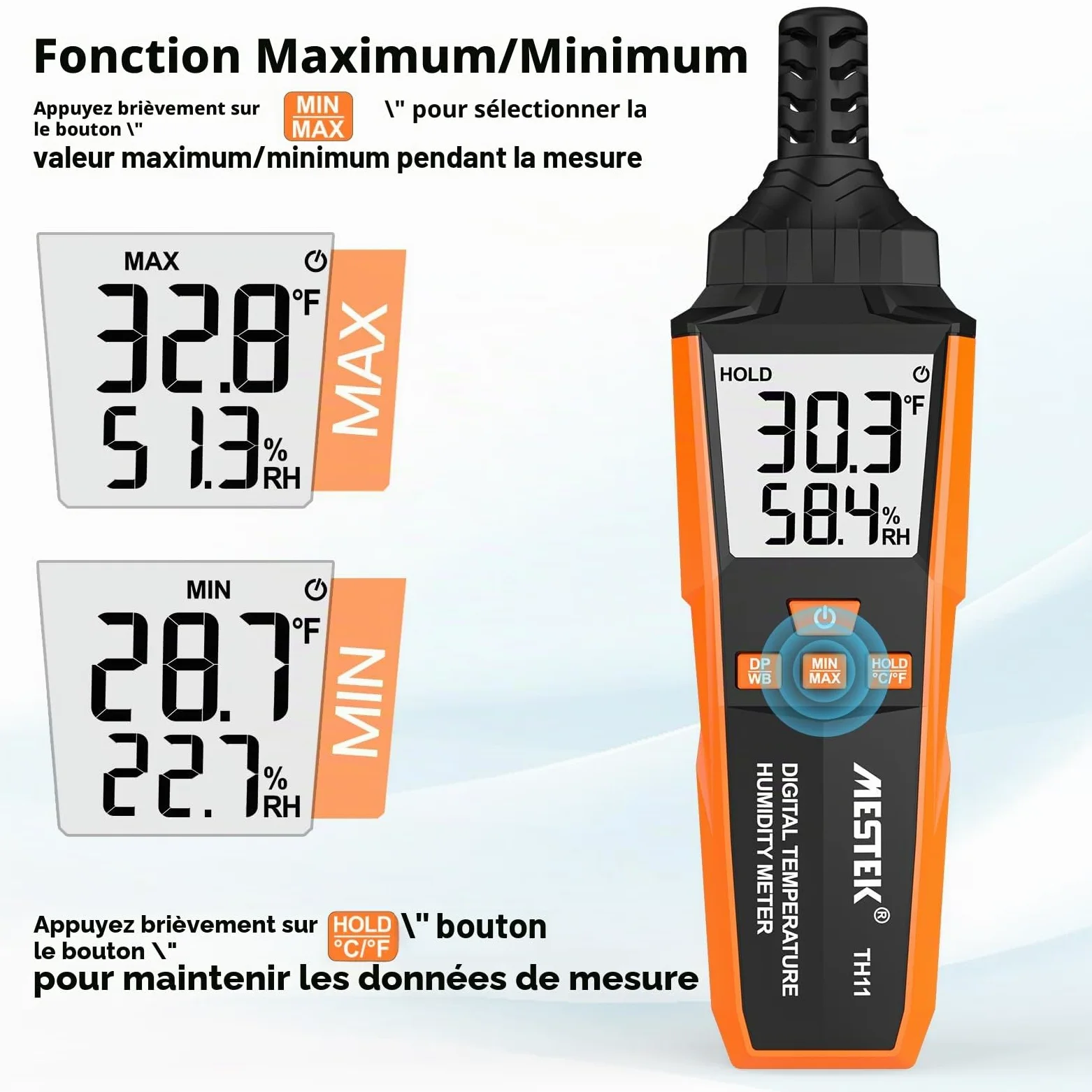 Hygromètre Thermomètre 4-en-1 MESTEK, Hygromètre Numérique Thermomètre Intérieur/Extérieur, Température du point de rosée et bulbe humide, Portable à Main, Pour Chambre Bureau Expédition de Camping