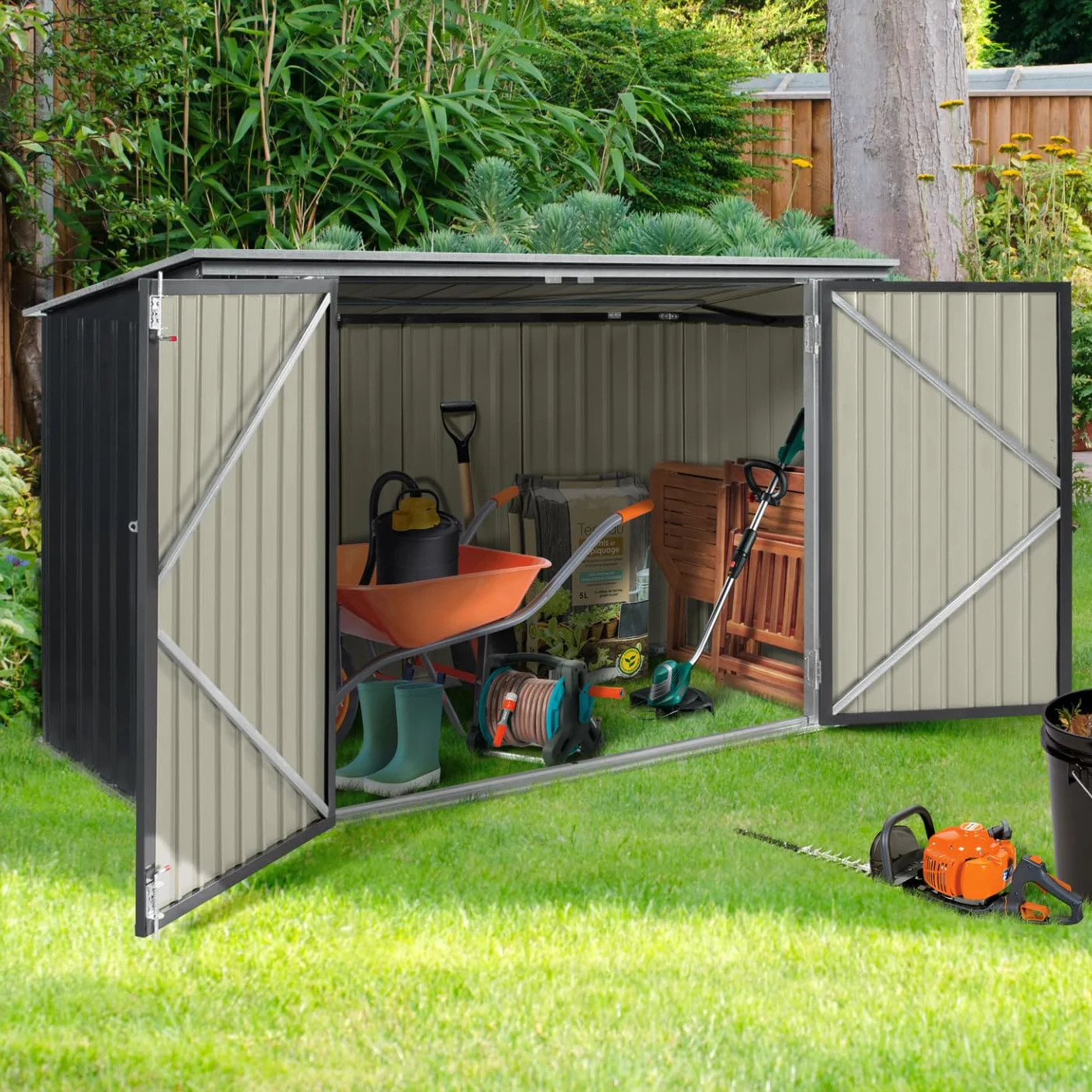 Abri de Jardin en Métal Verrouillable Multi-Rangement pour Vélos, Outils et Poubelles