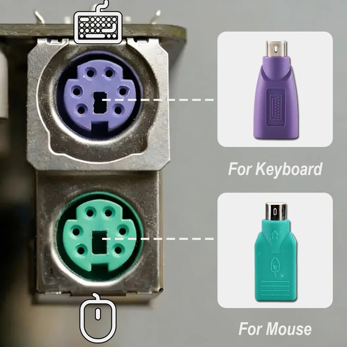 Adaptateurs PS2 vers USB Remplacement pour Souris et Clavier, Lot de 2 Convertisseurs PS2 Femelle vers USB A Mâle (Vert, Violet, Noir)