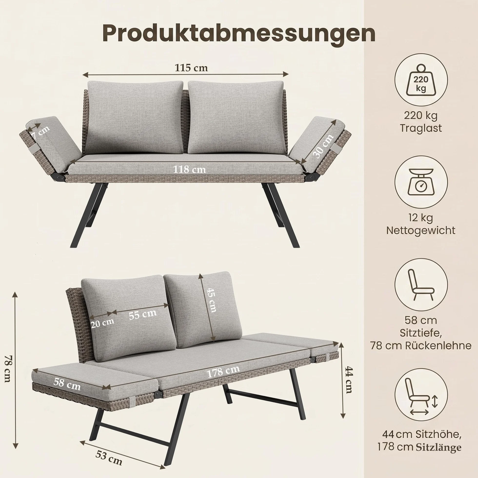 Lot de 2 Canapé de Jardin 2 Places en Poly Rottin avec Accoudoirs Réglables, Chaise Longue pour Terrasse Balcon Patio, Meuble de Jardin avec Coussins Lavables Beige