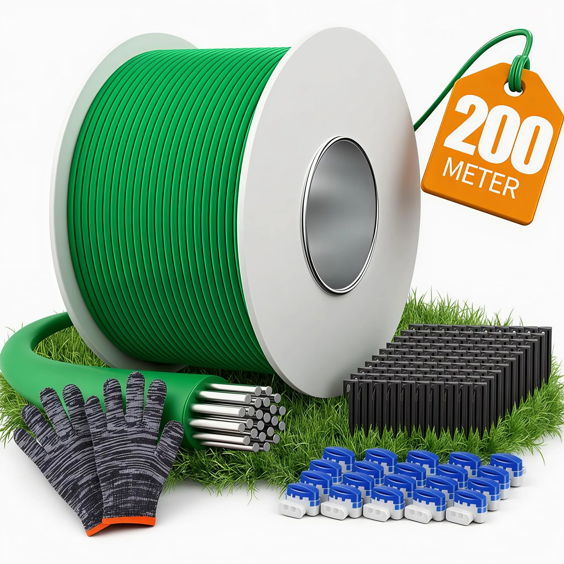 200m Kit de Cable Périphérique Robot Tondeuse, Fil Tondeuse Robot | Comprend 100 Piquets, 20 Connecteurs de Câble et Gants, Compatible avec Gardena, Bosch, Husqvarna, Worx, Honda, etc