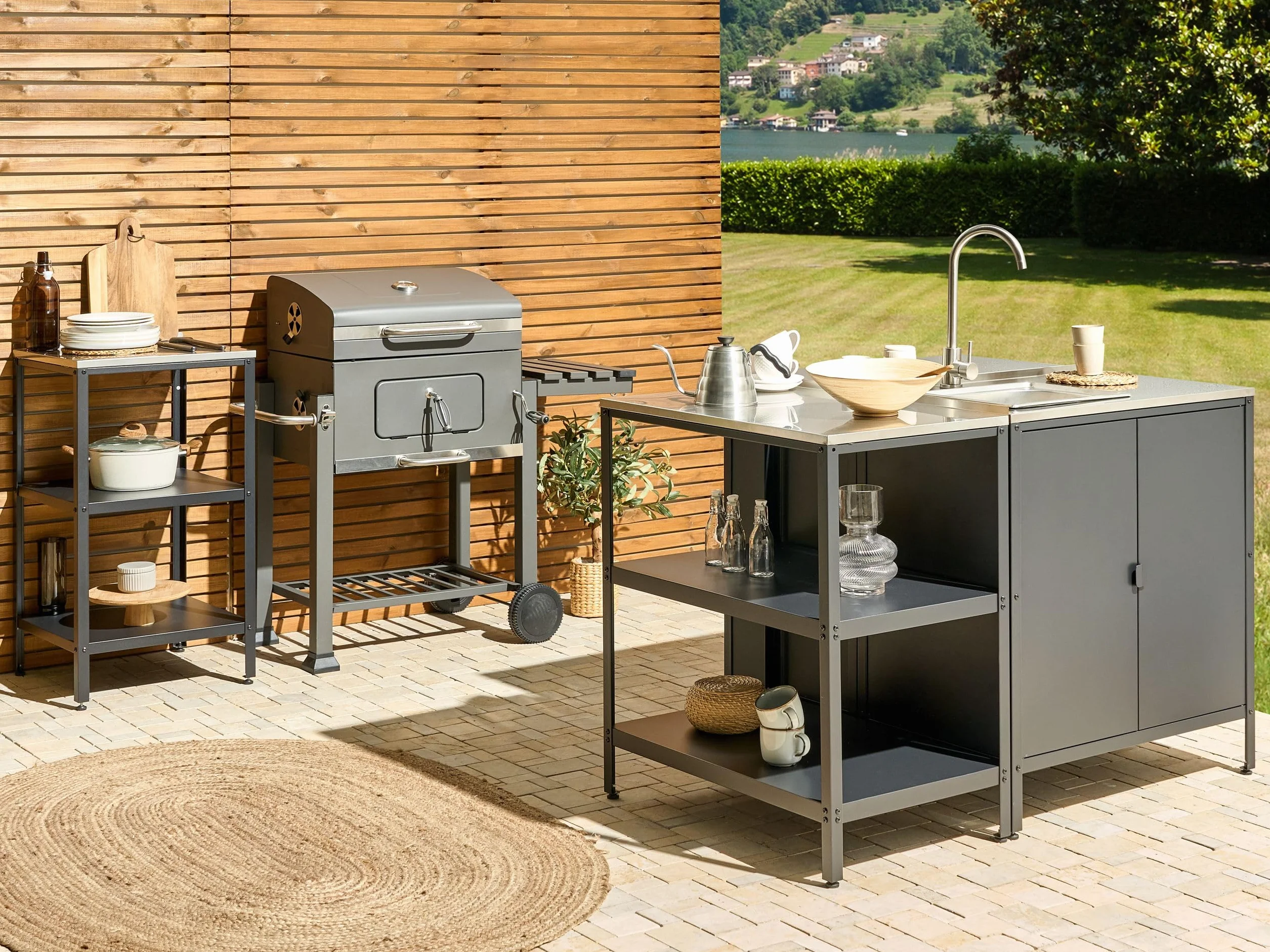 Beliani Commode de Jardin Îlot en Acier INOX Noir 80 x 50 x 92 cm Vilama