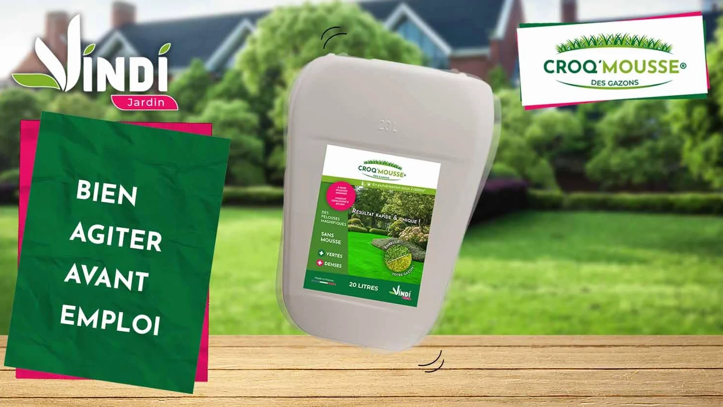 VINDI JARDIN - CROQ'MOUSSE des gazons – Engrais liquide organo-minéral 3 en 1 – Pelouse « sans mousse/+verte/+dense » - bidon 20L – Traitement pour 2000m2 – Fabrication Française.