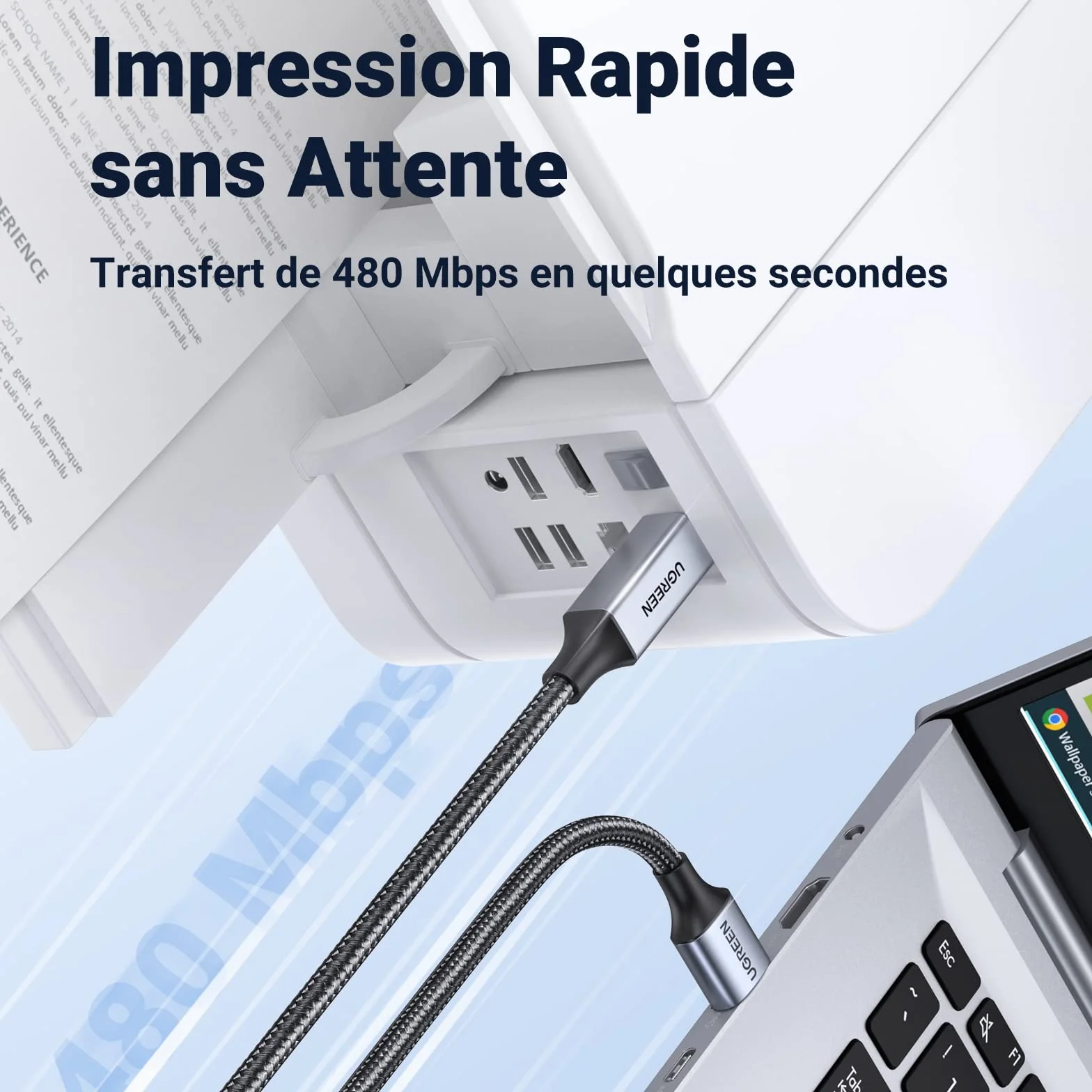 UGREEN Câble Imprimante USB 2.0 A vers B Nylon Tressé 2M