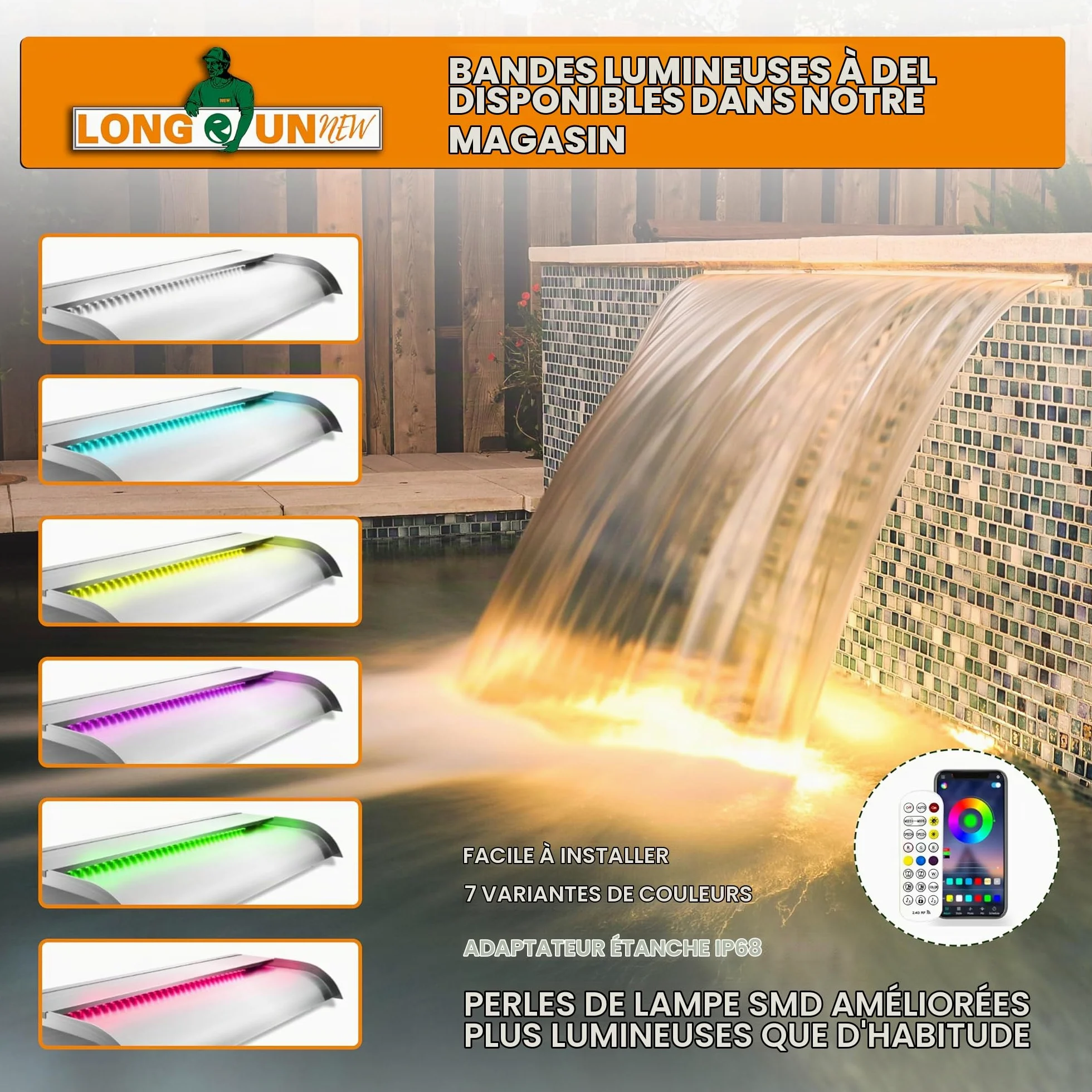 Fontaine De Piscine, Cascade Bassin Exterieur en Acier Inoxydable 60cm De Long, Déversoir De Sortie Incurvé De Largeur 18 cm avec Accessoires pour La Décoration D'étang, Patio,Jardin