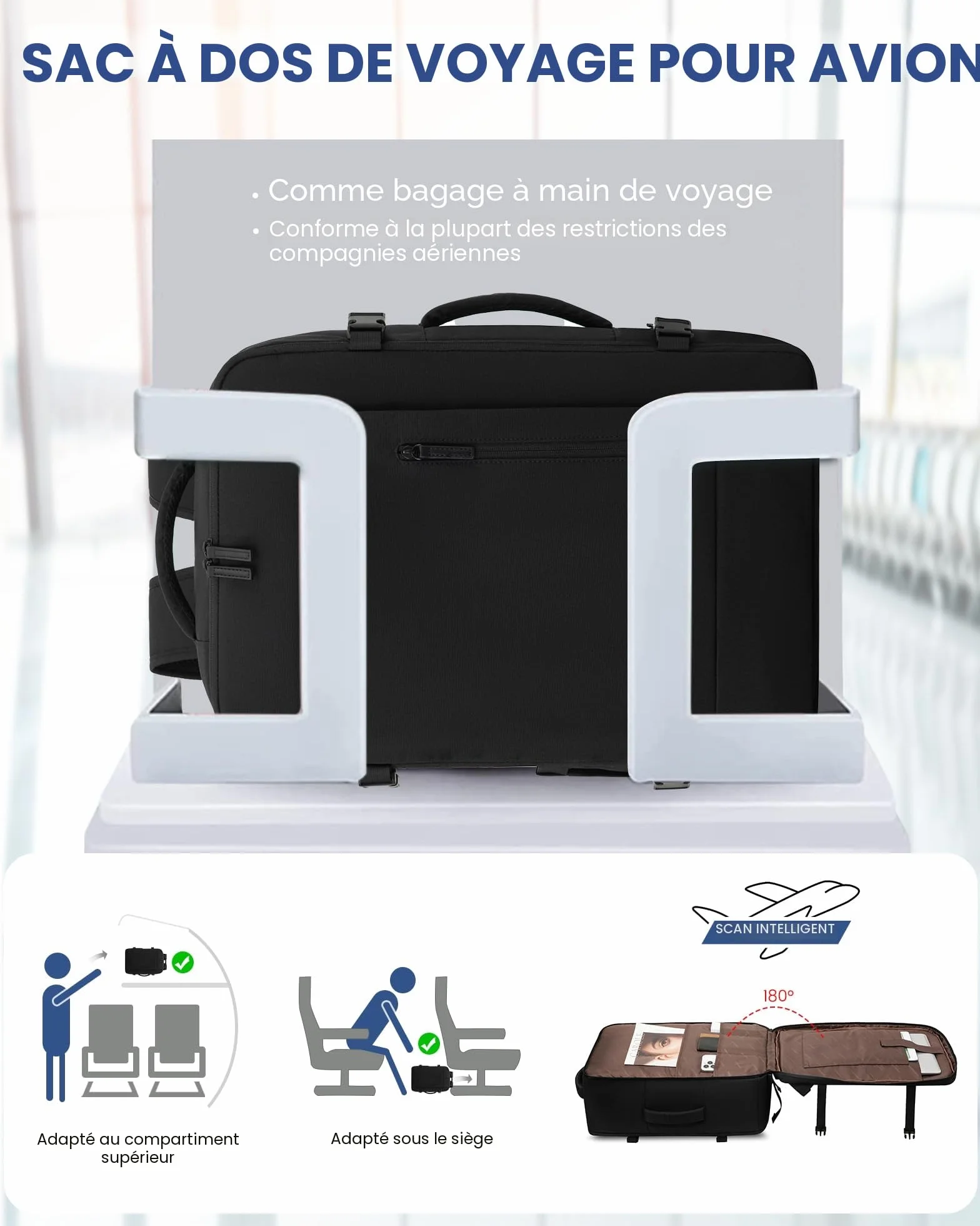 LOVEVOOK Sac à Dos Voyage Cabine Avion 40L Imperméable Ordinateur Portable 17,3 Pouces Homme Femme Noir