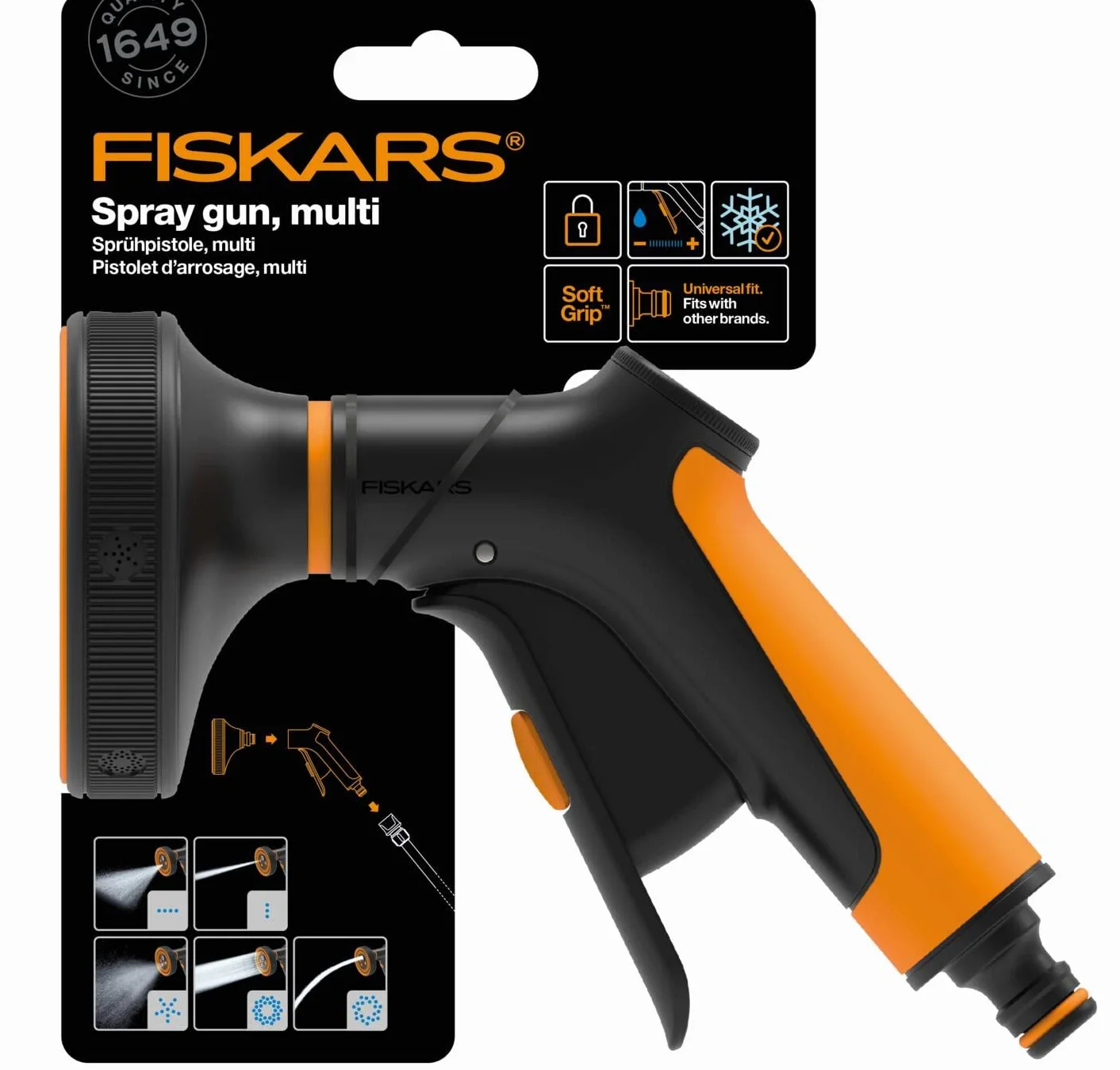 Fiskars Pistolet Pulvérisateur Multi, 5 Jets, Débit réglable en continu | Avec Contrôle Gâchette à l'Avant et verrouillage marche/arrêt, SoftGrip, Taille universelle, noir/orange, 1065482