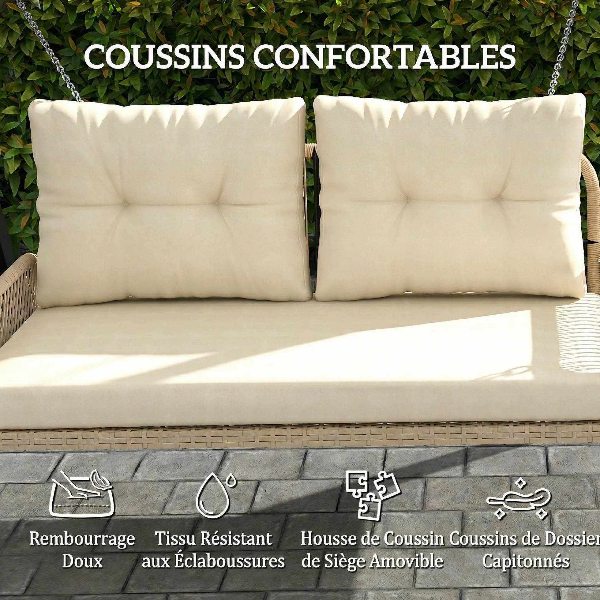 Outsunny Balancelle de Jardin en Résine Tressée 2 Places avec Coussins Amovibles, Charge 240 kg, 115x66x44cm, Beige