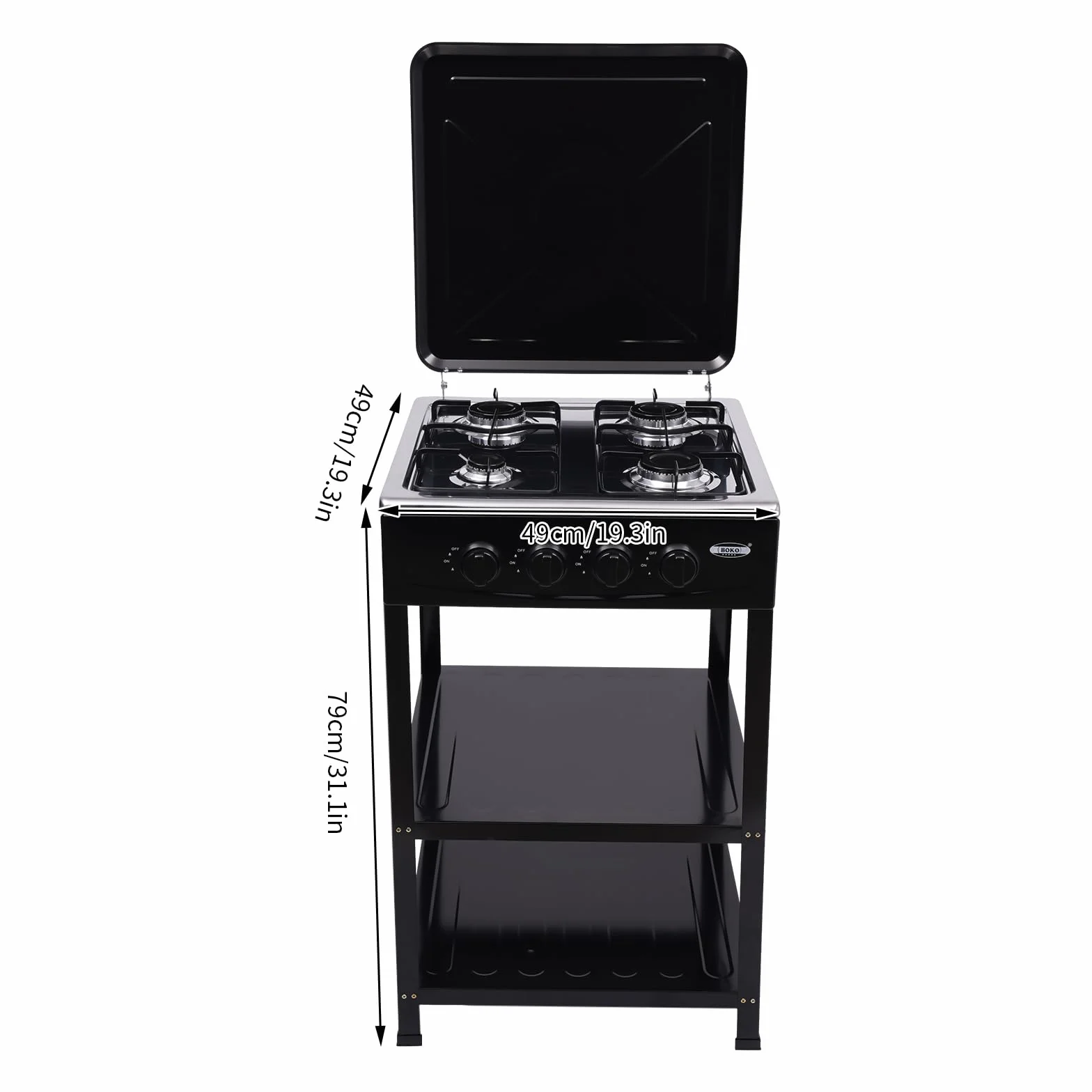 Cuisinière à gaz 4 flammes extérieur acier inoxydable portable noir avec couvercle