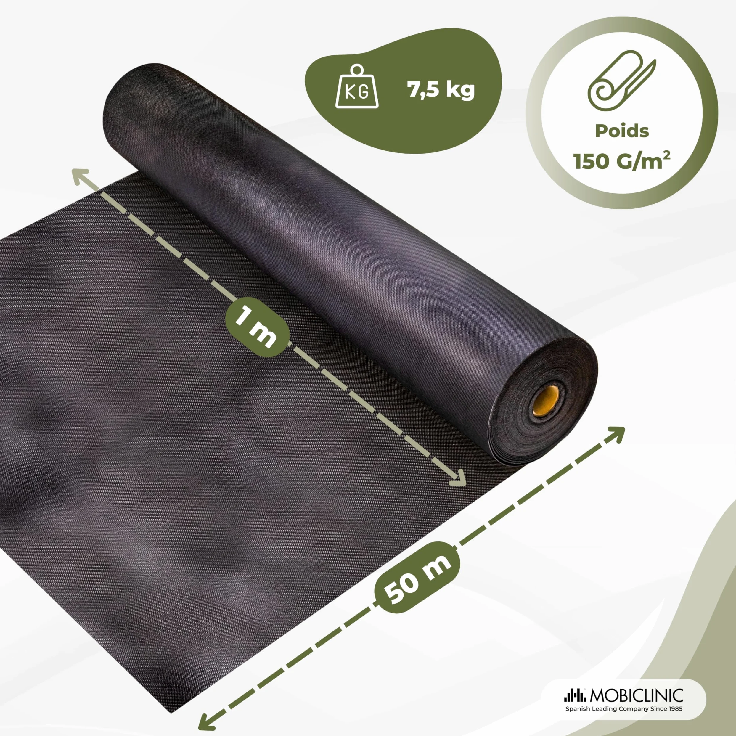 Mobiclinic®, Toile de Paillage, 150 g/m² Grammage Élevé, 1 x 50 m, Résistante aux UV et aux Déchirures, Toile Anti-Mauvaises Herbes, Perméable à l'eau, Respirante, Jardin et Serre, HerbStop