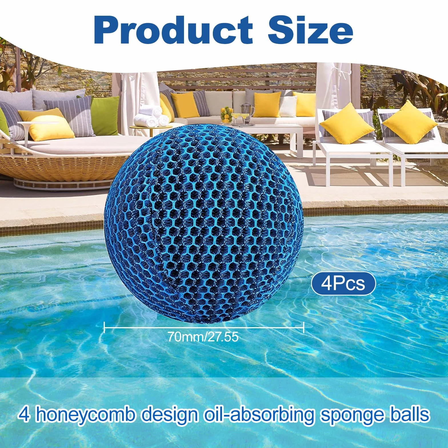 Absorbeur d'huile pour Piscine 4 pièces, Boules éponge réutilisables 70 mm Bleues