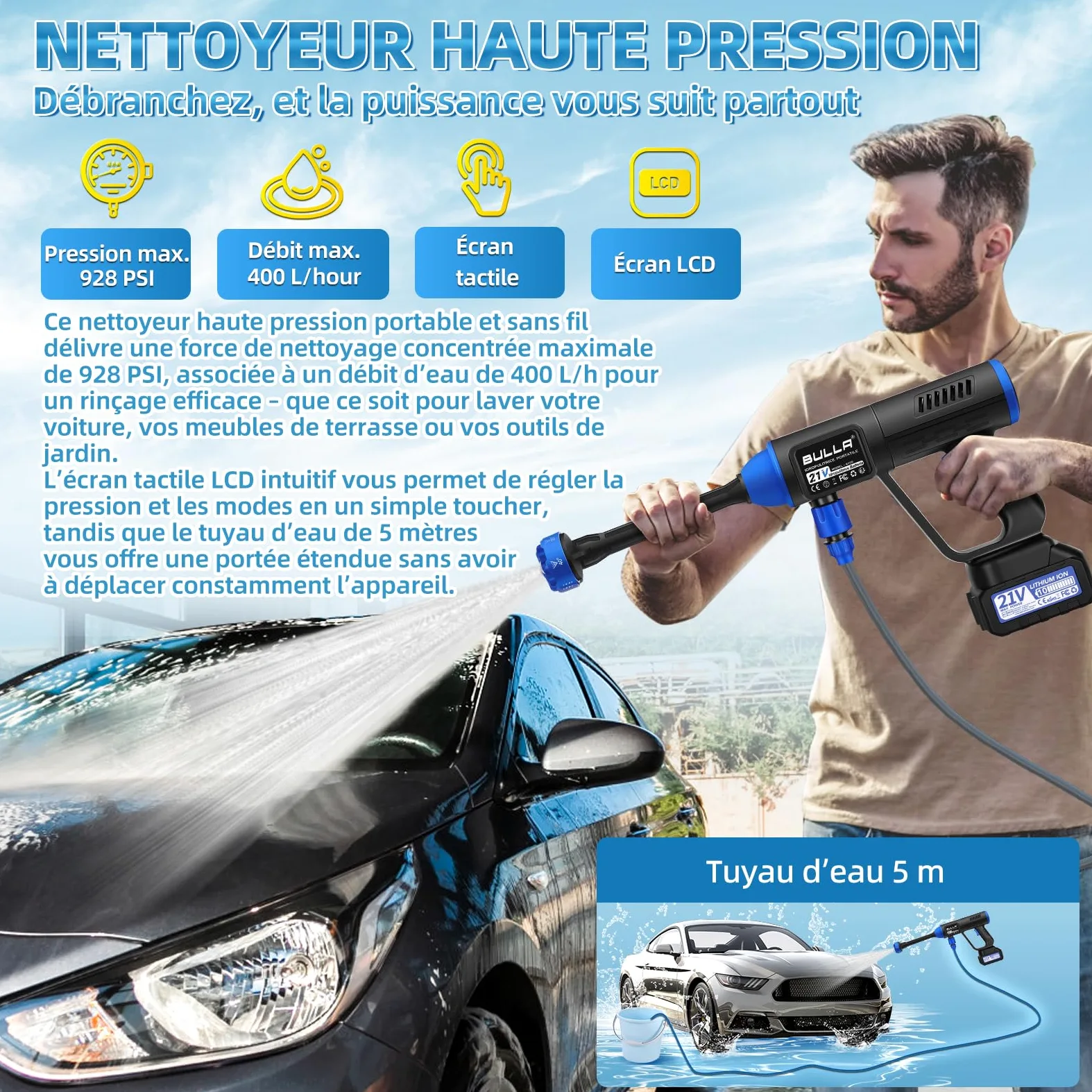Nettoyeur Haute Pression sans Fil, Pistolet Haute Pression sur Batterie avec 30 Niveaux de Pression,Reglage Tactile Nettoyeur Haute Pression sur Batterie avec Buse 6 en 1